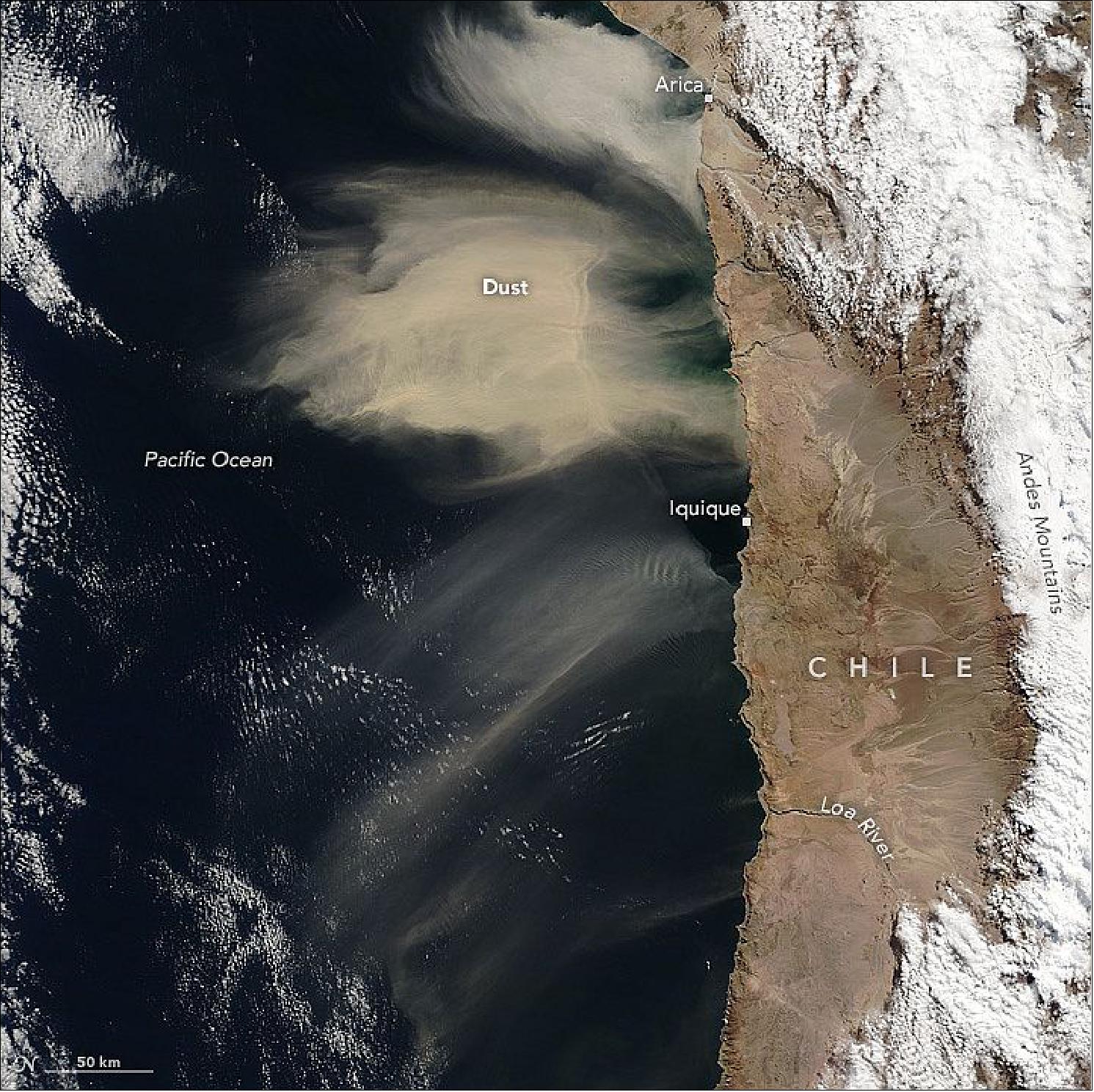Figure 81: On July 8, 2016, the MODIS instrument on Terra acquired this natural-color image of an airborne dust cloud off the coast of Chile (image credit: NASA Earth Observatory, Jeff Schmalz)