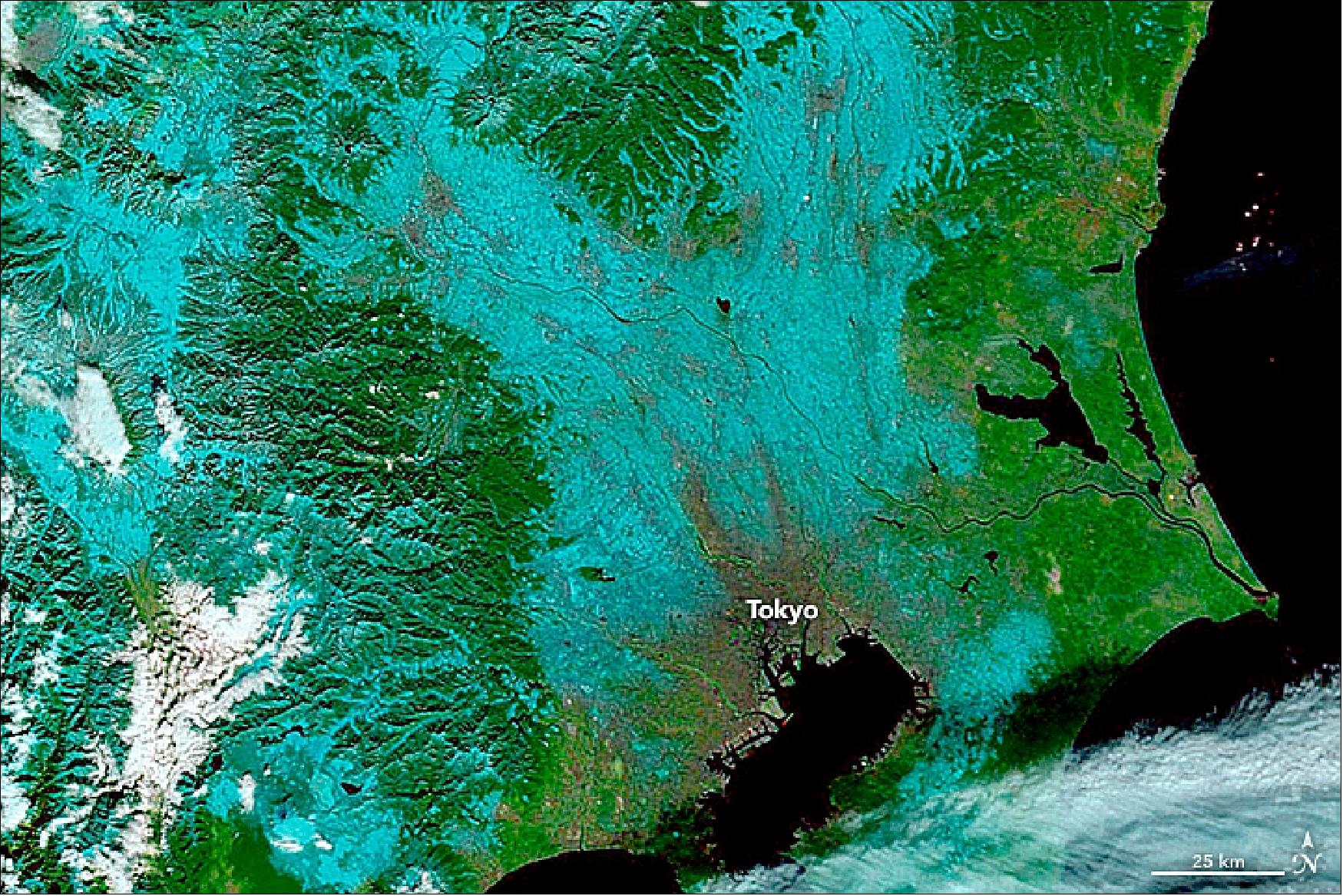 Figure 78: False-color image of Tokyo, acquired on Nov. 25, 2016, showing the stark contrast between snow (blue) and clouds (white), image credit: NASA Earth Observatory, image by Joshua Stevens