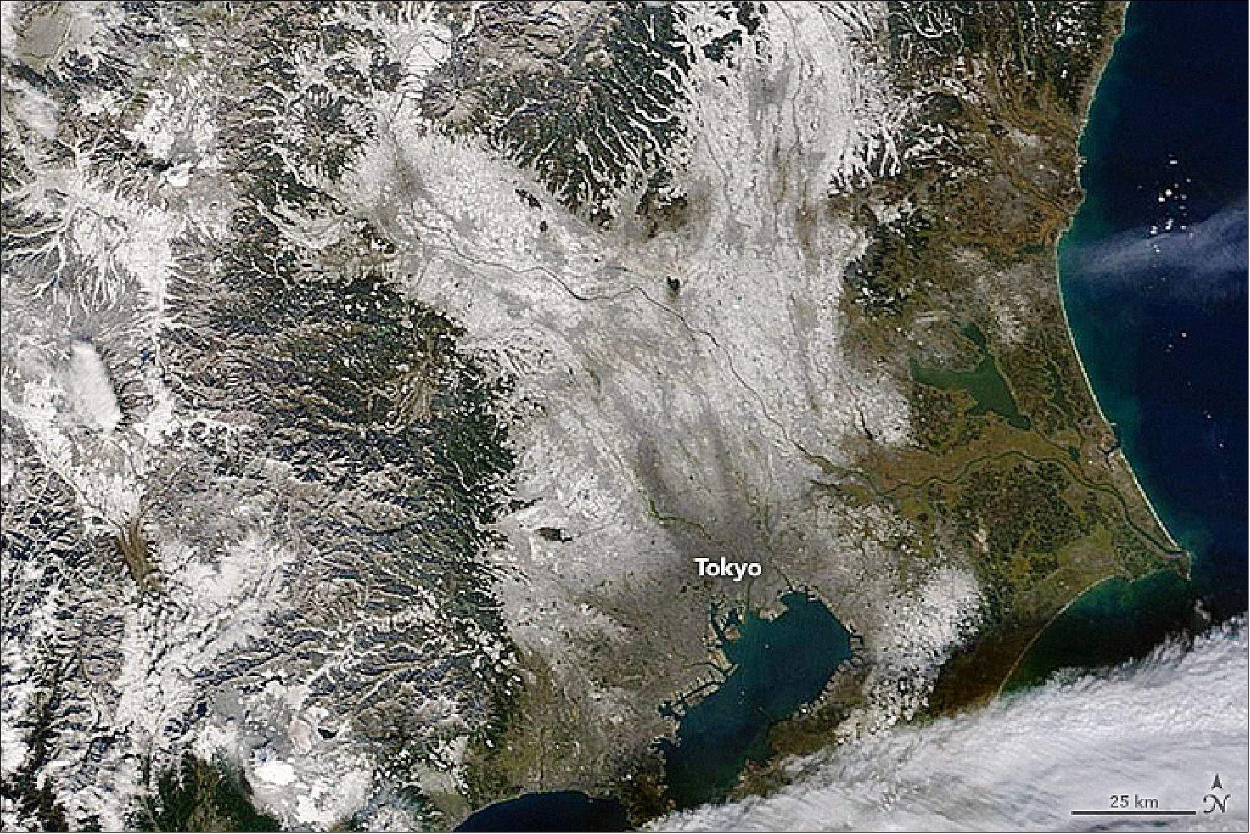 Figure 77: Snow-covered Tokyo region as acquired by the MODIS instrument on November 25, 2016 (image credit: NASA Earth Observatory, image by Joshua Stevens)