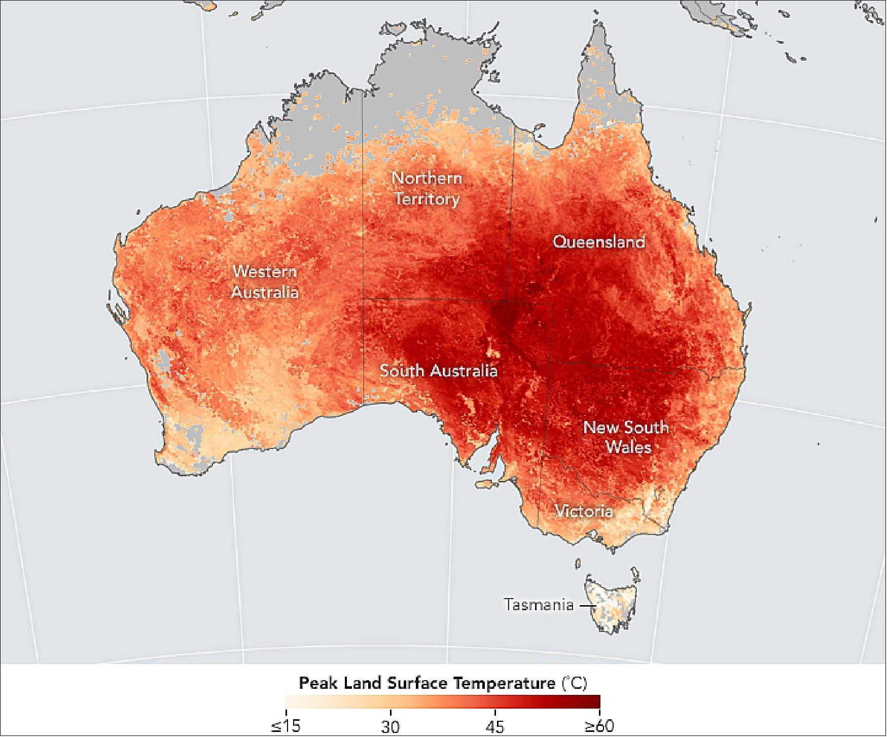 Figure 74: MODIS on Terra acquired this image map of Australian land surface temperatures in the period Feb. 7-14, 2017 (image credit: NASA Earth Observatory, image by Jesse Allen, caption by Adam Voiland)