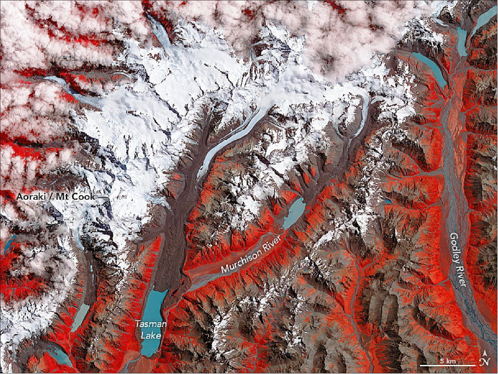 Figure 73: Tasman Glacier false-color image of JAXA's ASTER (Advanced Spaceborne Thermal Emission and Reflection Radiometer) on NASA's Terra satellite, acquired on Jan. 29, 2017 (image credit: NASA Earth Observatory, image by Jesse Allen and Joshua Stevens)