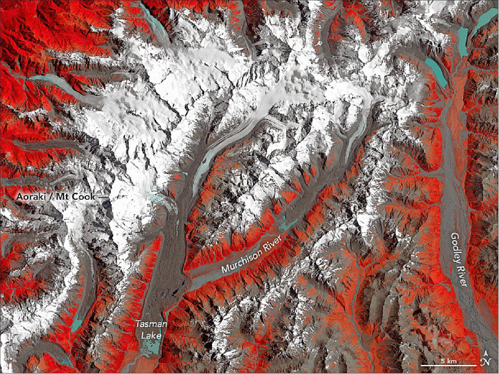 Figure 72: Tasman Glacier false-color image of the Thematic Mapper instrument on Landsat-4, acquired on Dec. 30, 1990 (image credit: NASA Earth Observatory, image by Jesse Allen and Joshua Stevens)