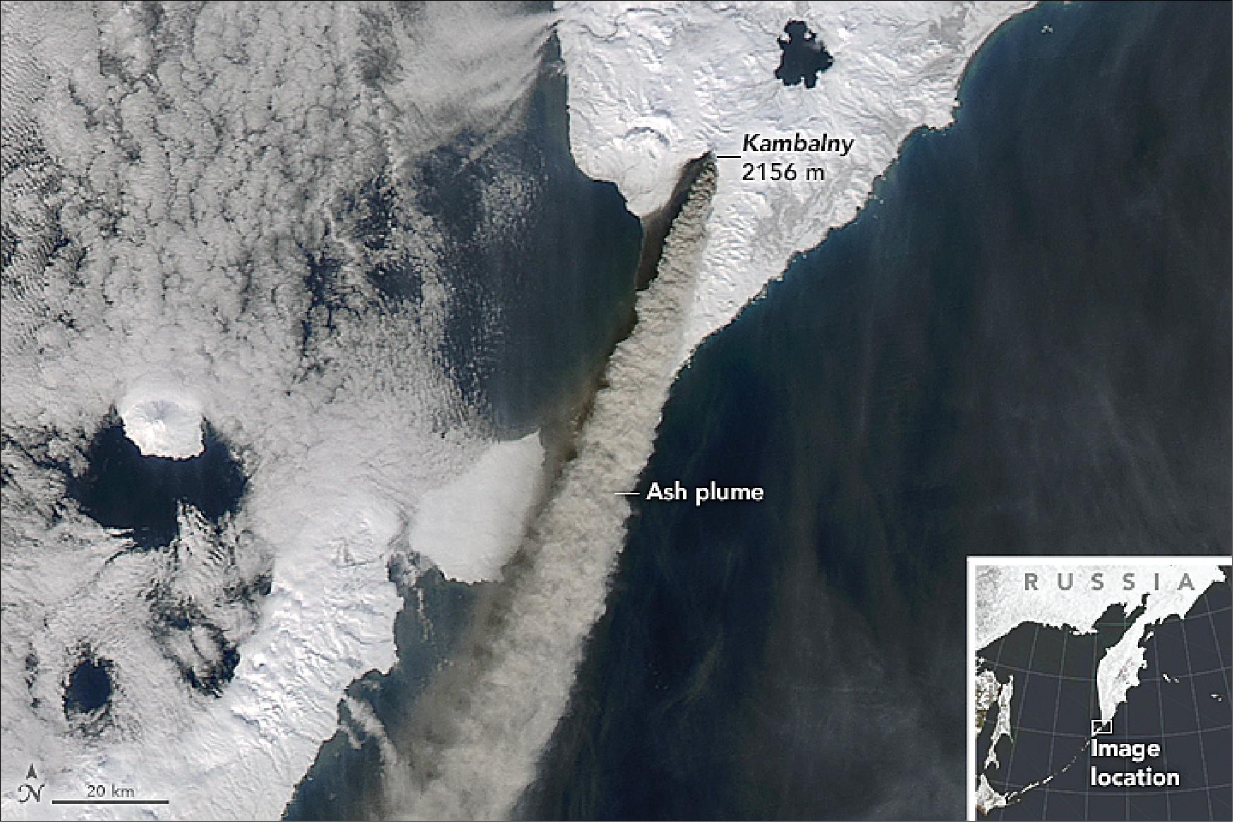 Figure 70: MODIS image of the Kambalny ash plume, captured on March 26, 2017 (01:34 UTC), image credit: NASA Earth Observatory, image by Jeff Schmaltz and Joshua Stevens)