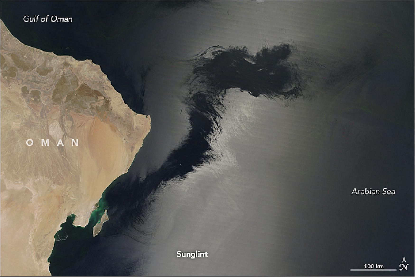 Figure 69: A large Sunglint region in the Arabian Sea interrupted by dark ares of wind-roughened surface waters. This image was acquired on April 11, 2017 with the MODIS instrument (image credit: NASA Earth Observatory, image by Jeff Schmaltz, text by Kathryn Hansen)