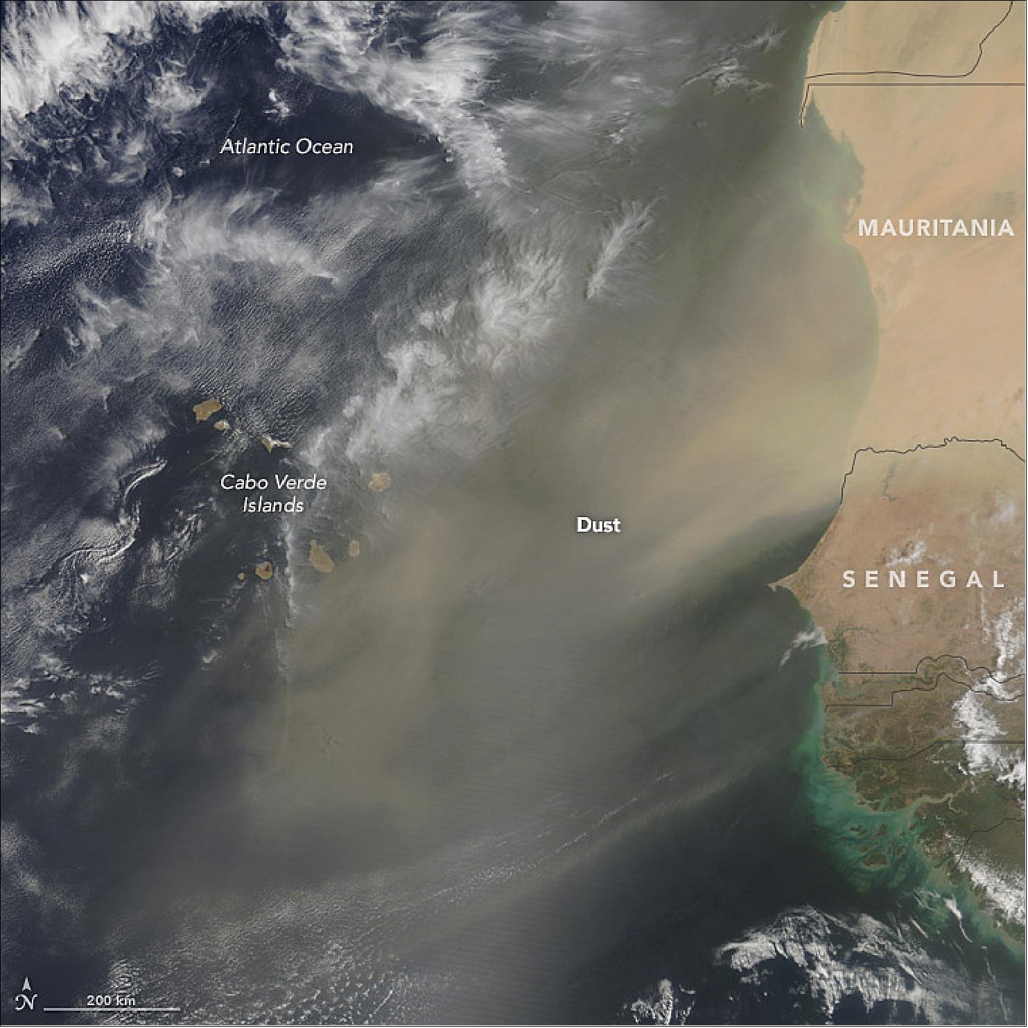 Figure 68: A dust storm over western Africa acquired by MODIS on May 9, 2017 (image credit: NASA Earth Observatory, image by Jeff Schmaltz)
