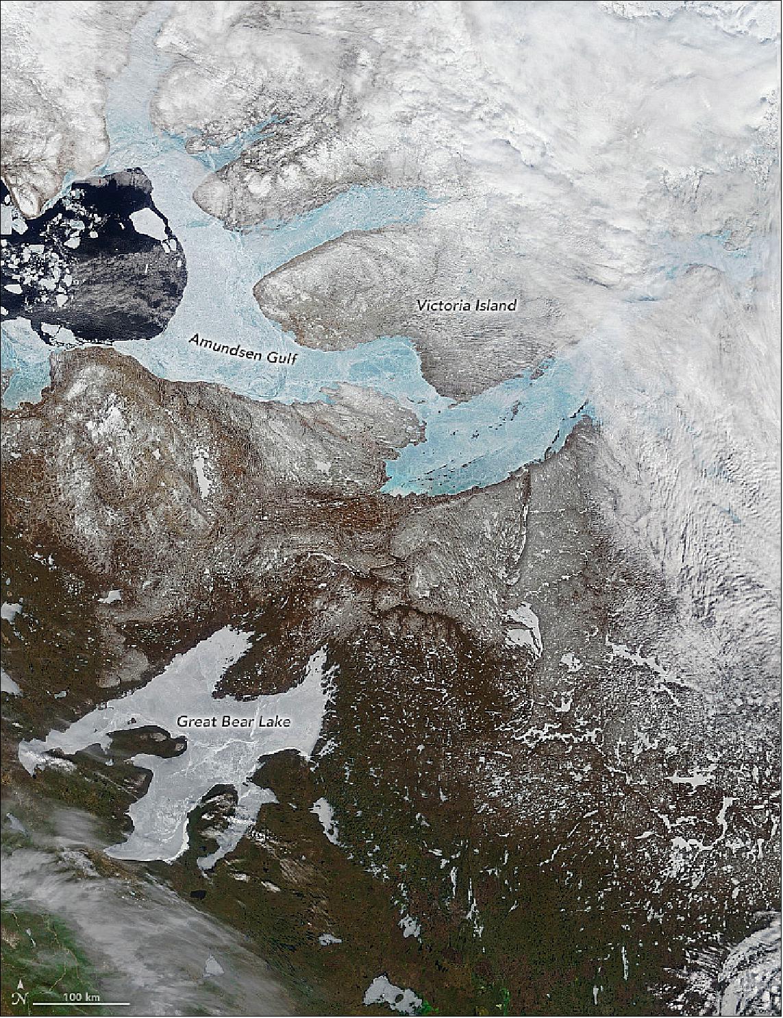 Figure 67: On May 29, 2017, MODIS on NASA’s Terra satellite captured this image of ice covering the Amundsen Gulf, Great Bear Lake, and numerous small lakes in the northern reaches of Canada’s Northwest Territories and Nunavut (image credit: NASA Earth Observatory, image by Joshua Stevens, using MODIS data, story by Adam Voiland)