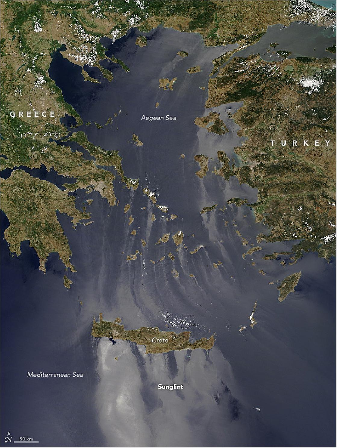 Figure 66: Sunglint image of the Aegean islands, acquired with MODIS on July 6, 2017 (image credit: NASA Earth Observatory, image by Jeff Schmaltz, caption by Kathryn Hansen)