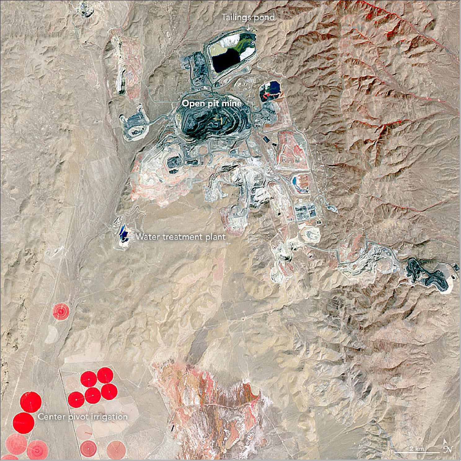 Figure 63: ASTER image of the Goldstrike mine in northeastern Nevada, acquired on September 25, 2016 (NASA Earth Observatory, image by Jesse Allen, using data from NASA/GSFC/METI/ERSDAC/JAROS, and U.S./Japan ASTER Science Team, story by Adam Voiland)