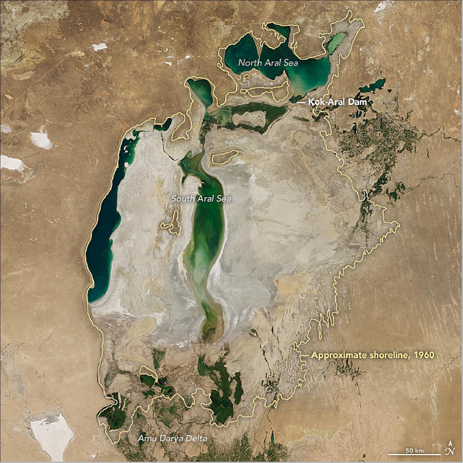 Figure 60: MODIS image of the Aral Sea in Russia, acquired on August 22, 2017 (image credit: NASA Earth Observatory image by Jesse Allen, using Terra MODIS data from the LANCE (Land Atmosphere Near real-time Capability for EOS), Story by Adam Voiland)