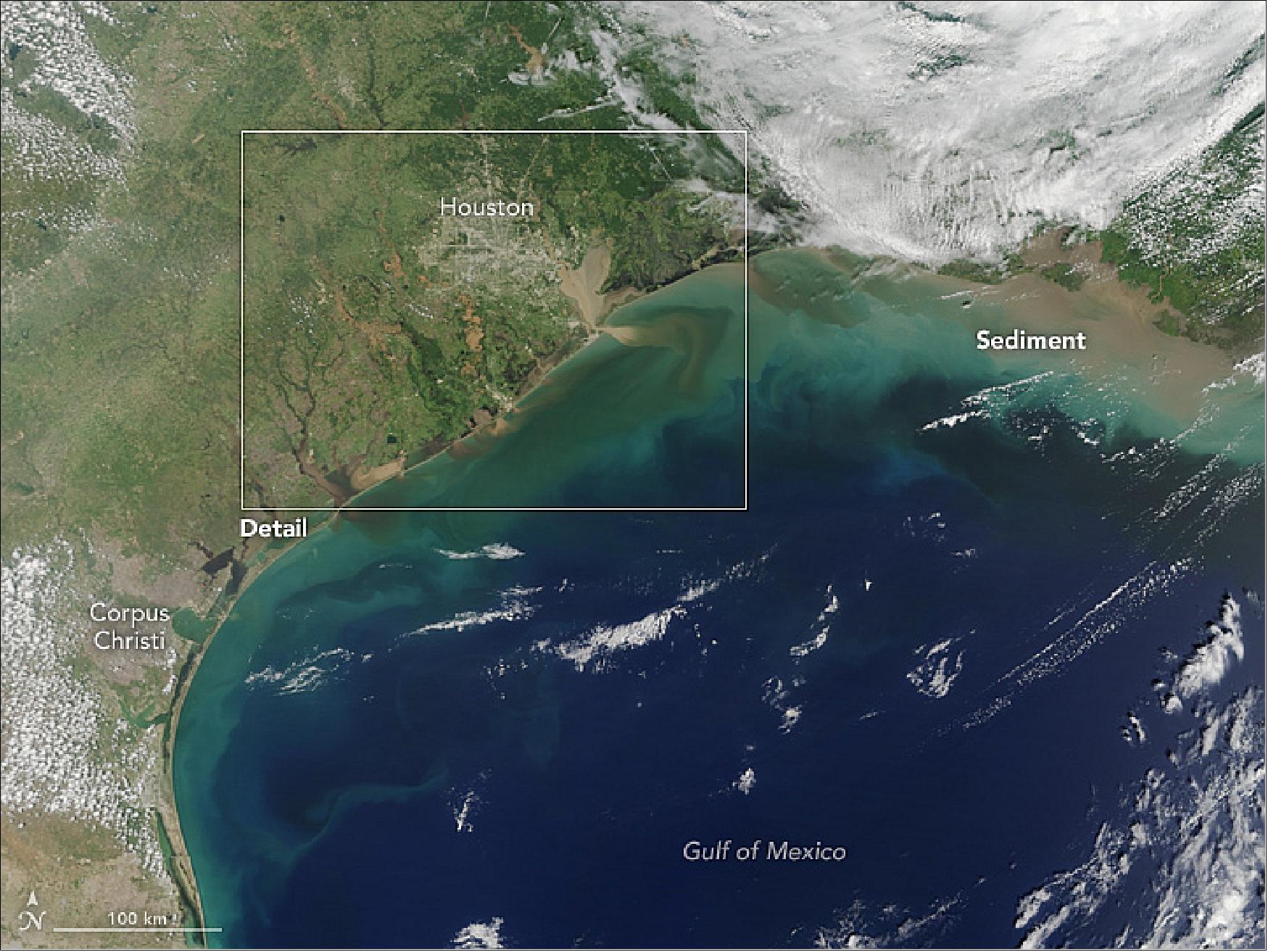 Figure 58: False-color image of MODIS, acquired on Aug. 31, 2017, showing extensive flooding along the Texas coast and around the Houston metropolitan area in the aftermath of Hurricane Harvey (image credit: NASA Earth Observatory, images by Jesse Allen, using data from LANCE (Land Atmosphere Near real-time Capability for EOS), Story by Mike Carlowicz)