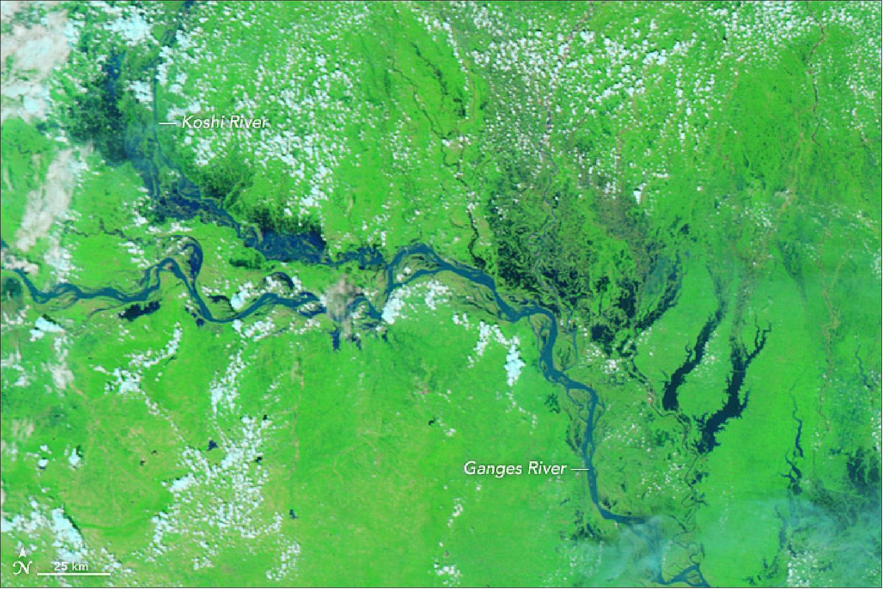 Figure 56: MODIS on the Terra satellite acquired this image of the Ganges, Koshi, and several other rivers on September 6, 2017, when flood water covered large swaths of the landscape (image credit: NASA Earth Observatory, images by Jesse Allen, using data from LAADS (Level 1 and Atmospheres Active Distribution System), story by Adam Voiland)