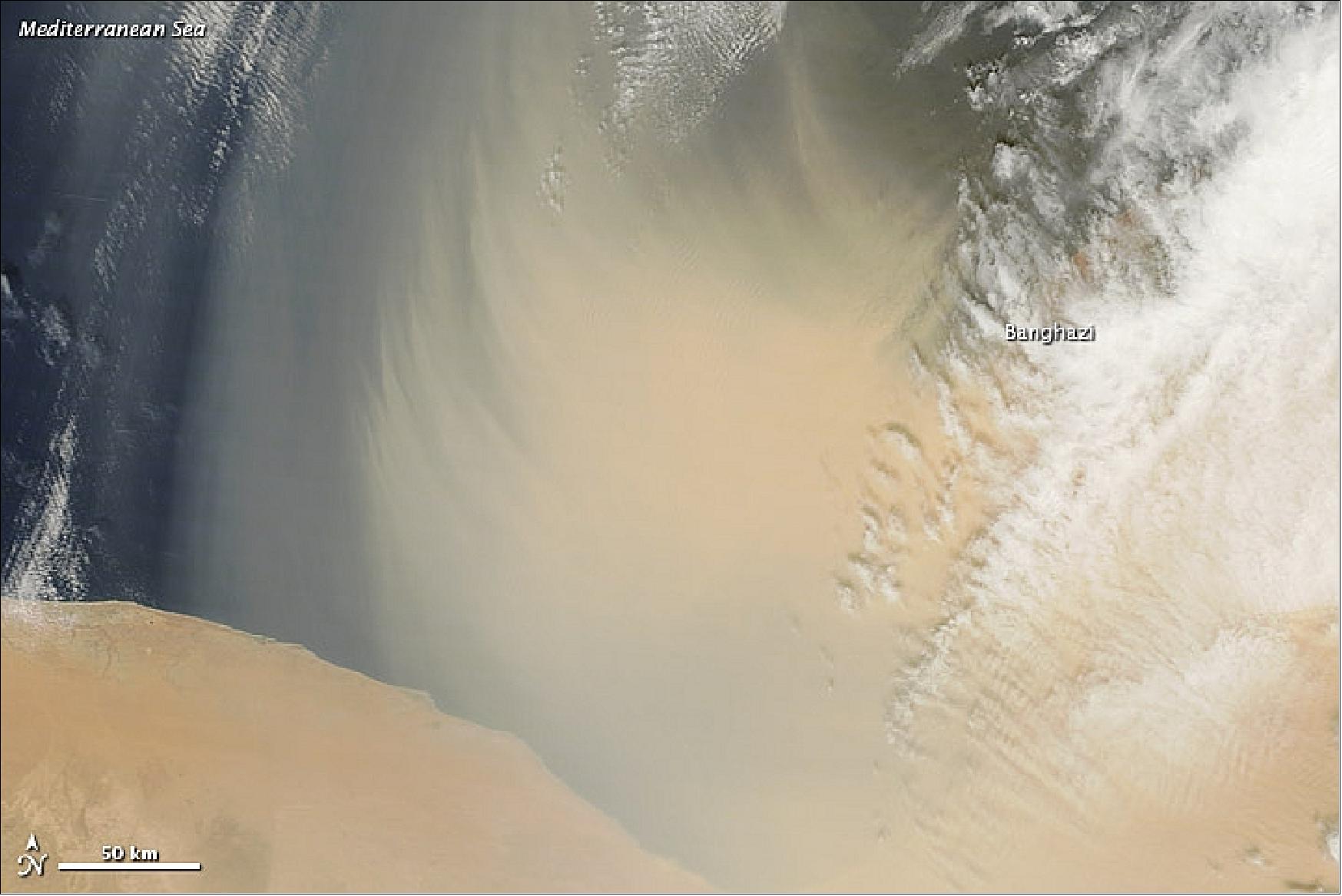 Figure 114: MODIS image of a dust storm that blew out of Libya and across the Mediterranean Sea in late March 2013 (image credit: NASA)