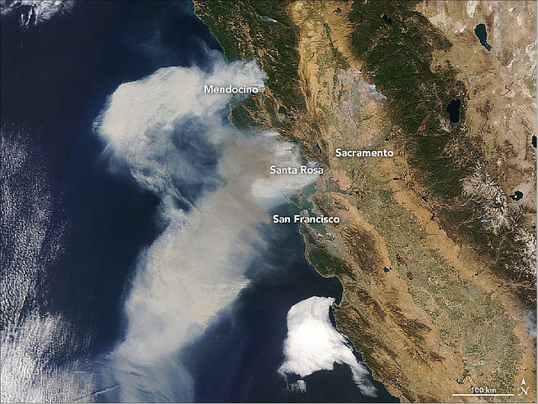Figure 55: MODIS on Terra acquired this image of the fire regions in northern California in the late morning of 9 October 2017 (image credit: NASA Earth Observatory, image by Joshua Stevens, using MODIS data from LANCE/EOSDIS Rapid Response. Story by Mike Carlowicz)