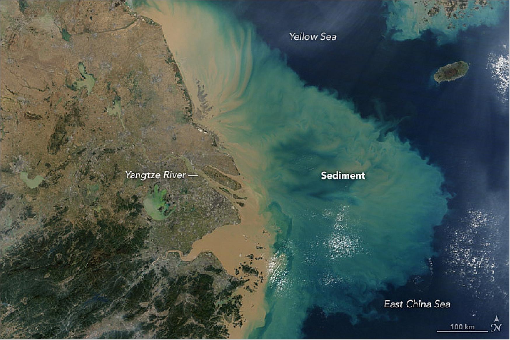 Figure 54: MODIS natural-color image of a plume over the Great Yangtze Bank on November 9, 2017 [image credit: NASA Earth Observatory image by Jesse Allen, using data from the Level 1 and Atmospheres Active Distribution System (LAADS). Story by Adam Voiland, with information from Zhifa Luo (East China Normal University)]