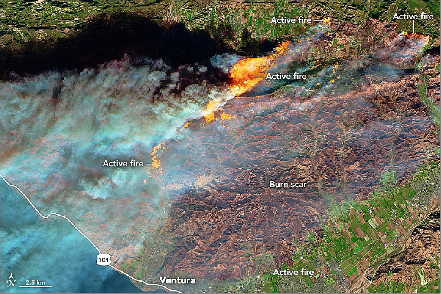 Figure 52: MSI image of the Ventura County fire acquired on 5 Dec. 2017 (image credit: ESA, the image contains modified Copernicus Sentinel data (2017) processed by the European Space Agency)