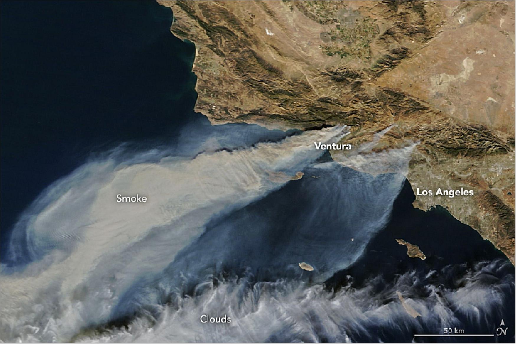 Figure 51: MODIS image of the Ventura County fire acquired on 5 Dec. 2017 (image credit: NASA Earth Observatory, images by Joshua Stevens, using MODIS data from LANCE/EOSDIS Rapid Response, story by Adam Voiland)