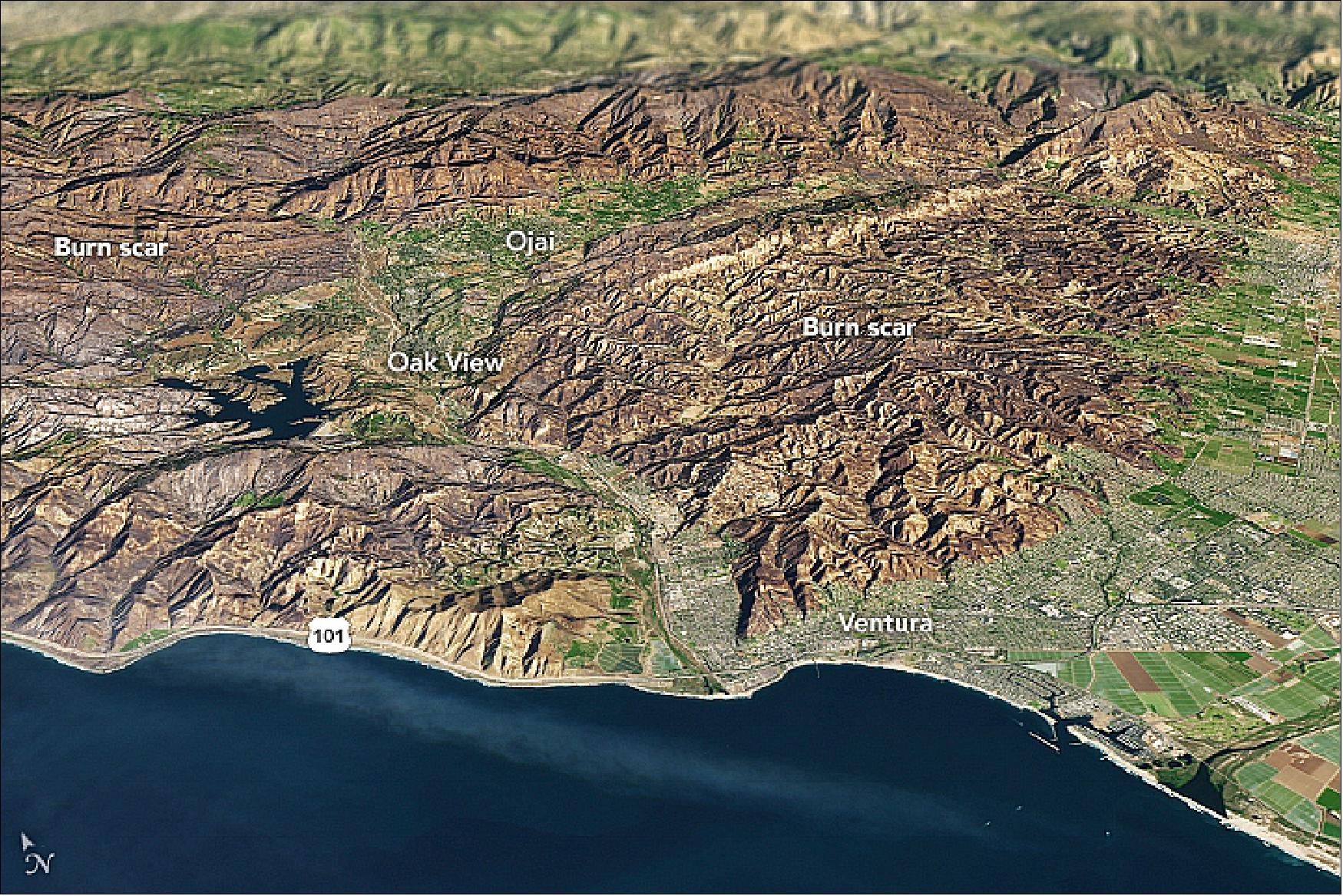 Figure 48: OLI on Landsat-8 captured an image of the Thomas fire scar on December 18, 2017. The natural-color Landsat-8 image was draped over an ASTER-derived Global Digital Elevation Model which shows the topography of the area (image credit: NASA Earth Observatory image by Joshua Stevens, using Landsat data from the USGS and ASTER GDEM data from NASA/GSFC/METI/ERSDAC/JAROS, and U.S./Japan ASTER Science Team, story by Adam Voiland)