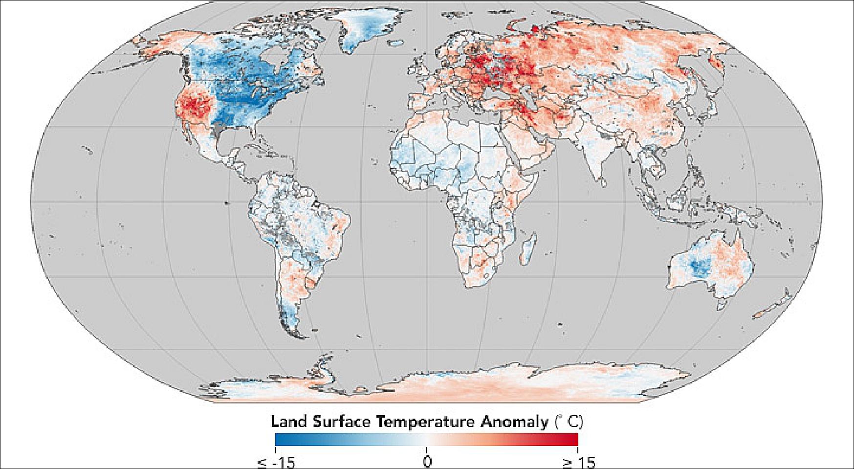Figure 47: MODIS land surface temperature map of the world, acquired in the period 26 Dec. 2017 to 2 Jan. 2018 (image credit: NASA Earth Observatory maps by Jesse Allen, based on MODIS land surface temperature data provided by the Land Processes Distributed Active Archive Center. Story by Adam Voiland)