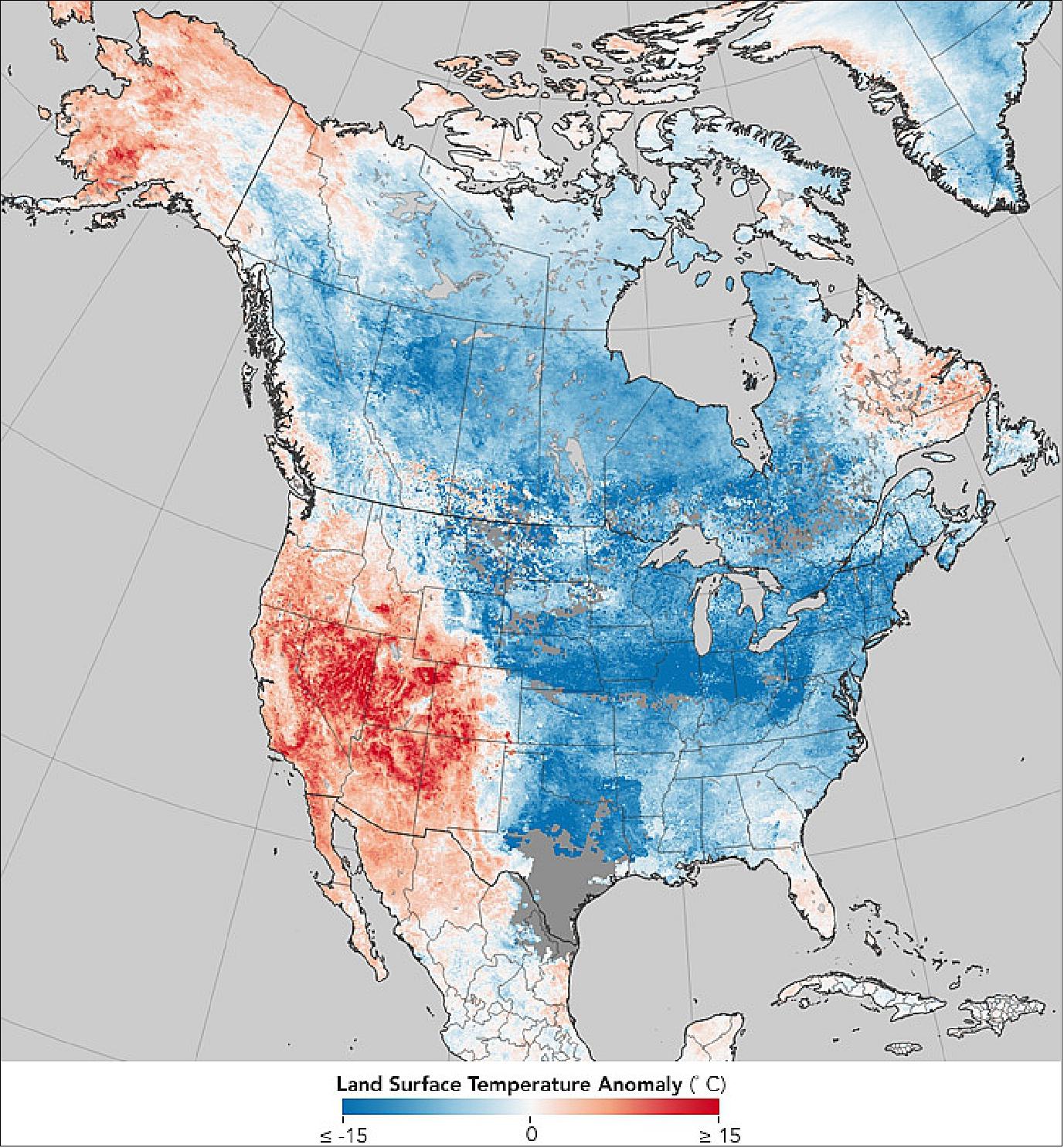 Figure 46: MODIS land surface temperature map of North America, acquired in the period 26 Dec. 2017 to 2 Jan. 2018 (image credit: NASA Earth Observatory maps by Jesse Allen, based on MODIS land surface temperature data provided by the Land Processes Distributed Active Archive Center. Story by Adam Voiland)