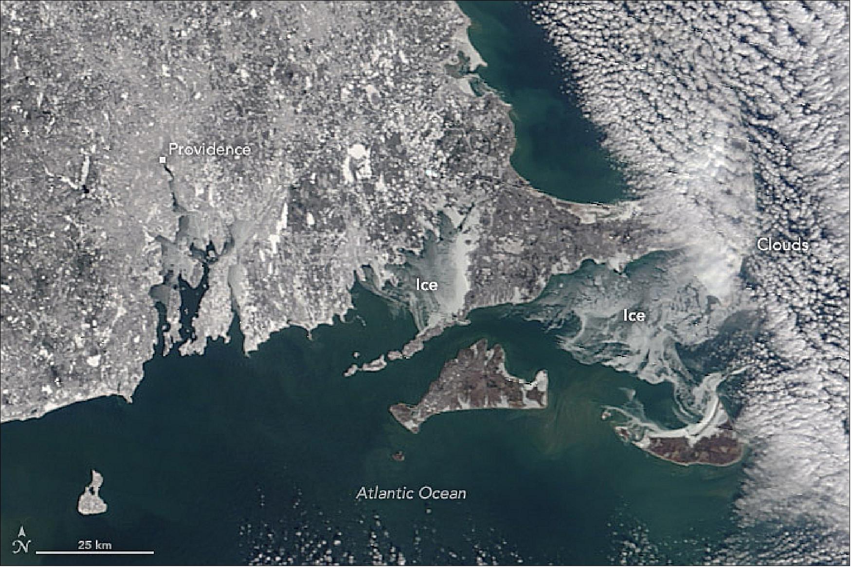 Figure 45: MODIS image of Rhode Island and southeastern Massachusetts, with ice in Buzzards Bay and Nantucket Sound, acquired on 7 Jan. 2018 (image credit: NASA image by Jeff Schmaltz, LANCE/EOSDIS Rapid Response. Image cropping and caption by Adam Voiland)