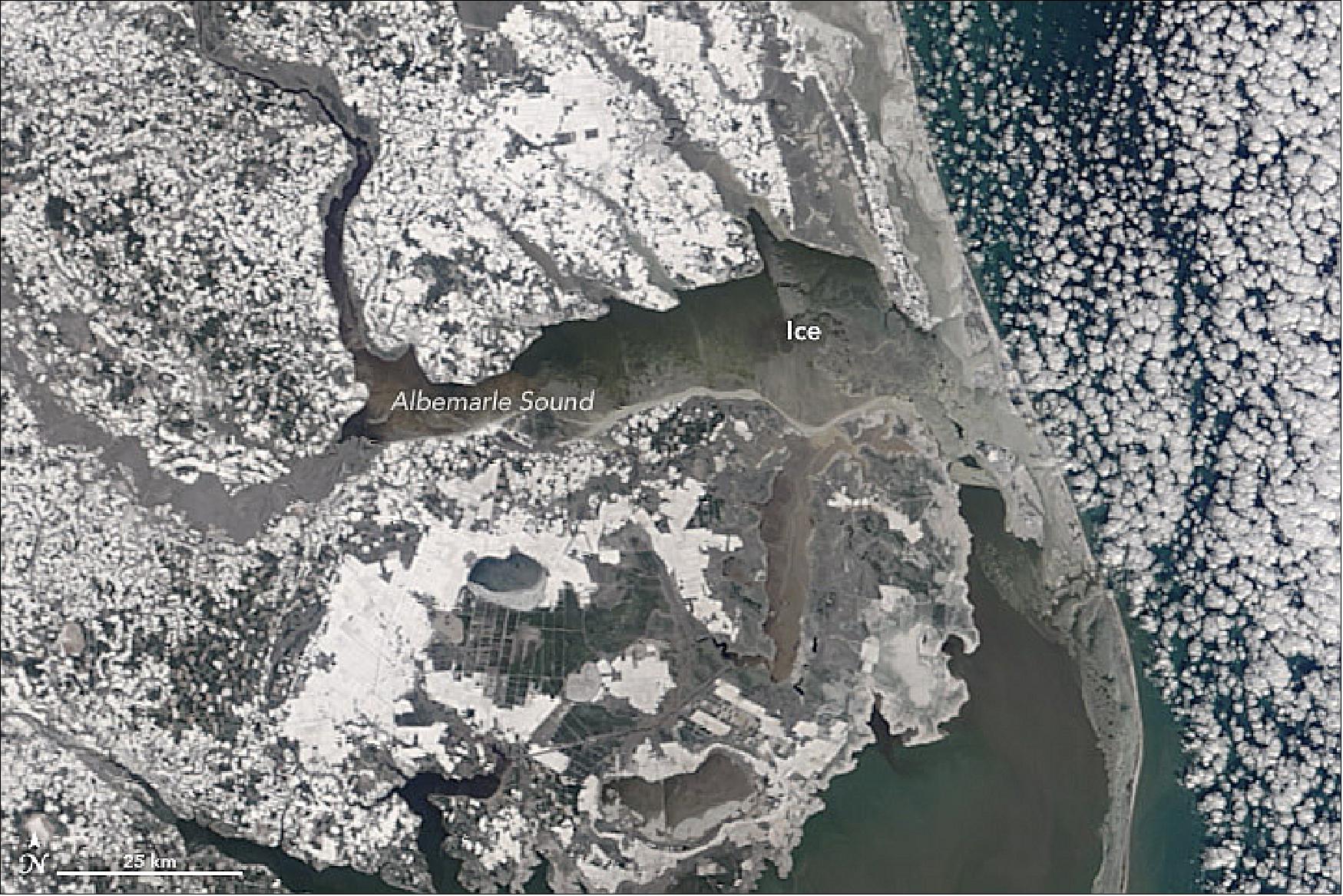 Figure 44: MODIS image of the Albemarle Sound in North Carolina acquired on 7 Jan. 2018 (image credit: NASA image by Jeff Schmaltz, LANCE/EOSDIS Rapid Response. Image cropping and caption by Adam Voiland)