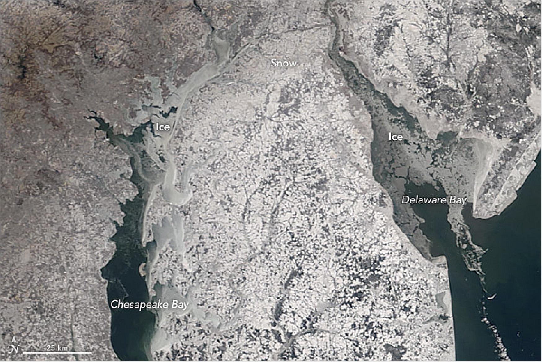 Figure 43: MODIS image of Delaware Bay—between New Jersey, Pennsylvania, and Delaware acquired on 7 Jan. 2018 (image credit: NASA image by Jeff Schmaltz, LANCE/EOSDIS Rapid Response. Image cropping and caption by Adam Voiland)