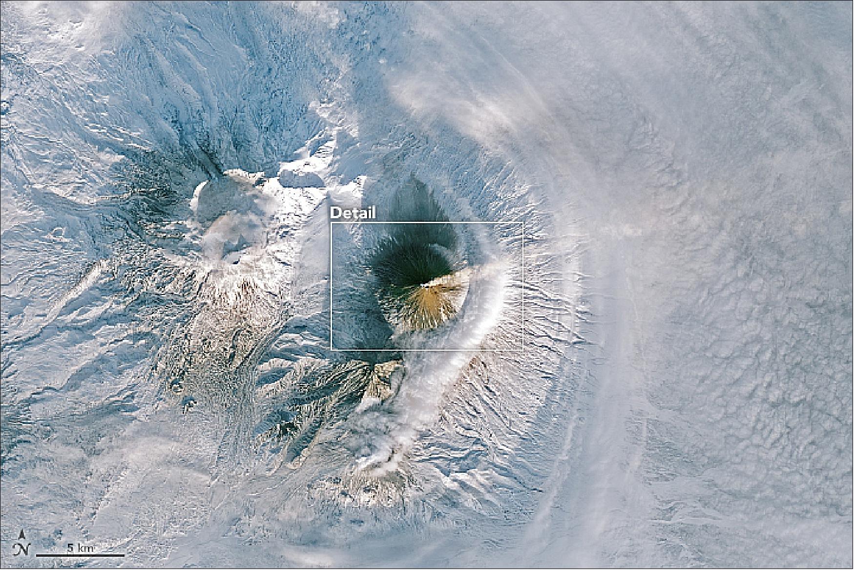 Figure 42: Overview image of OLI of the Klyuchevskaya volcano, acquired on 10 January, 2018 (image credit: NASA Earth Observatory, image by Joshua Stevens and Jeff Schmaltz, using Landsat data from the USGS, Story by Michael Carlowicz)