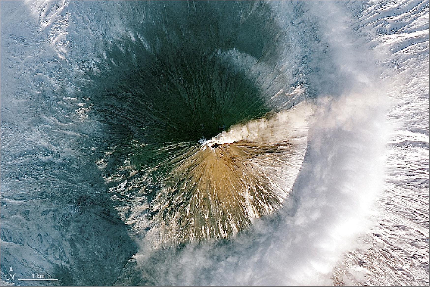 Figure 41: Detail OLI image of the Klyuchevskaya volcano, acquired on 10 January, 2018 (image credit: NASA Earth Observatory, image by Joshua Stevens and Jeff Schmaltz, using Landsat data from the USGS, Story by Michael Carlowicz)