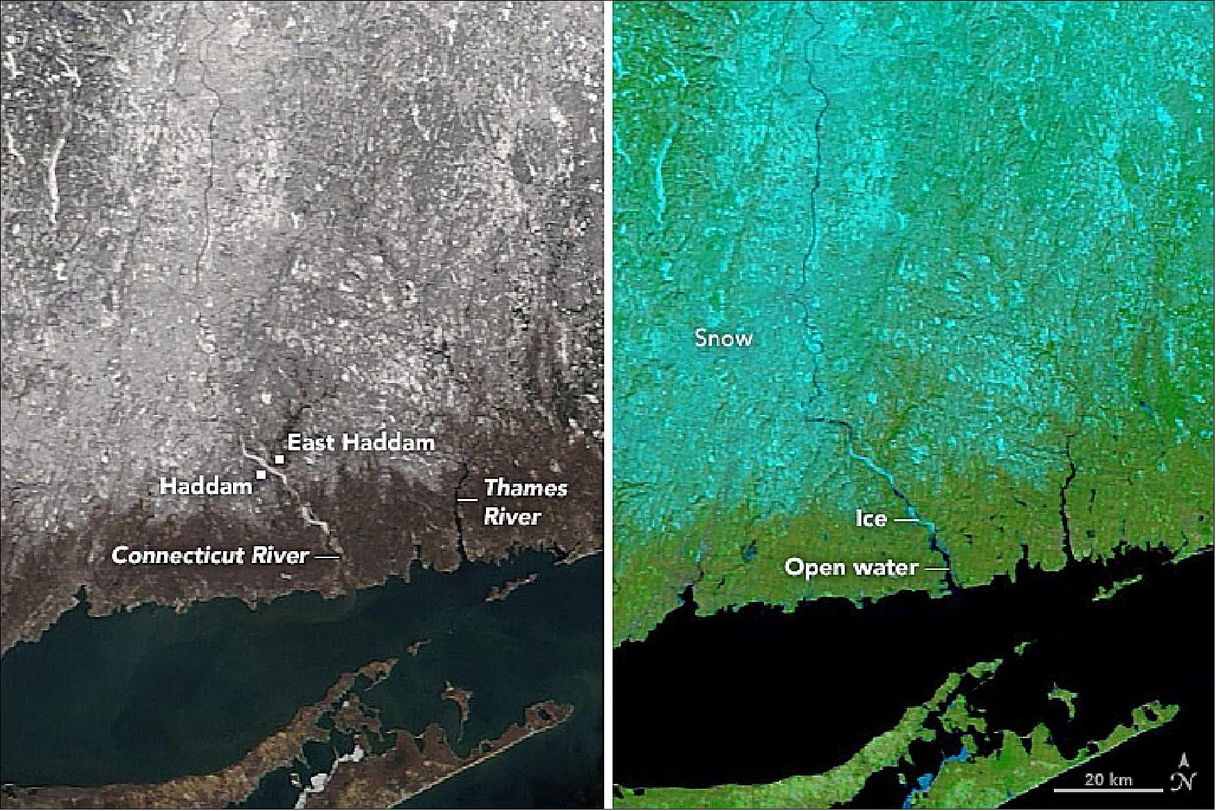 Figure 38: MODIS images of the Connecticut region acquired on 18 January 2018 (image credit: NASA Earth Observatory image by Joshua Stevens, using MODIS data from LANCE/EOSDIS Rapid Response, caption by Adam Voiland)