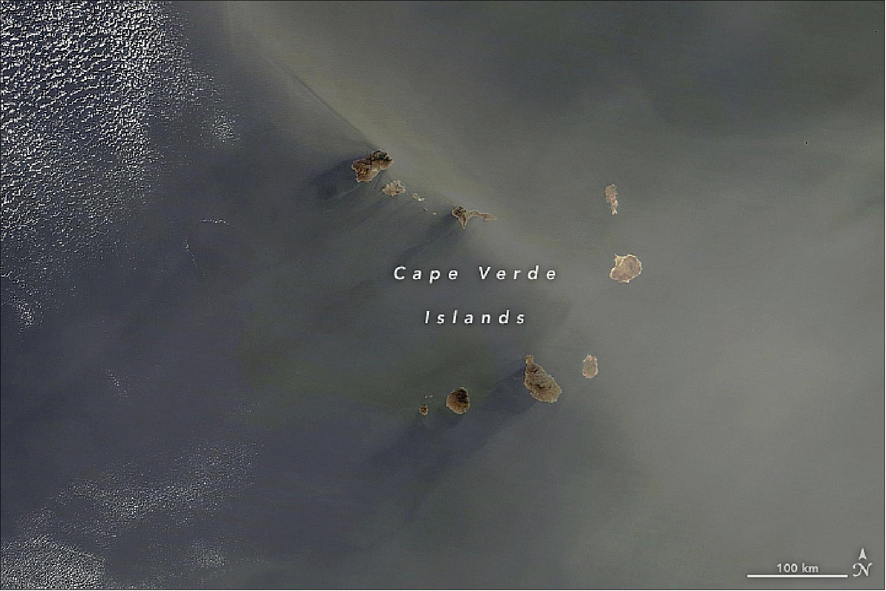 Figure 37: MODIS image of Saharan dust, acquired on 23 Jan. 2018, bathing the Cape Verde islands - Note, how much denser the dust plume grows on the second day (image credit: NASA Earth Observatory, images by Joshua Stevens and Jeff Schmaltz, using MODIS data from LANCE/EOSDIS Rapid Response. Story by Mike Carlowicz and Holli Riebeek)