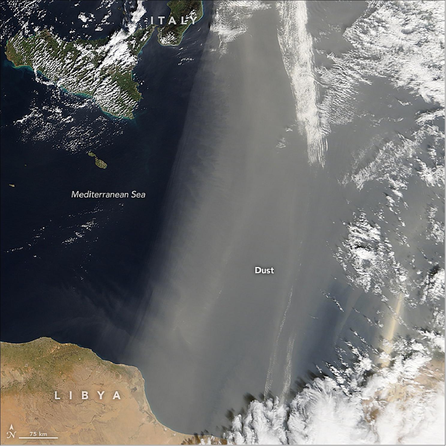 Figure 35: The MODIS instrument on Terra captured on 7 Feb. this image of a Sahara Storm carrying great amounts of sand north over the Mediterranean Sea (image credit: NASA Earth Observatory, images by Jeff Schmaltz, using MODIS data from LANCE/EOSDIS Rapid Response ,caption by Kathryn Hansen)