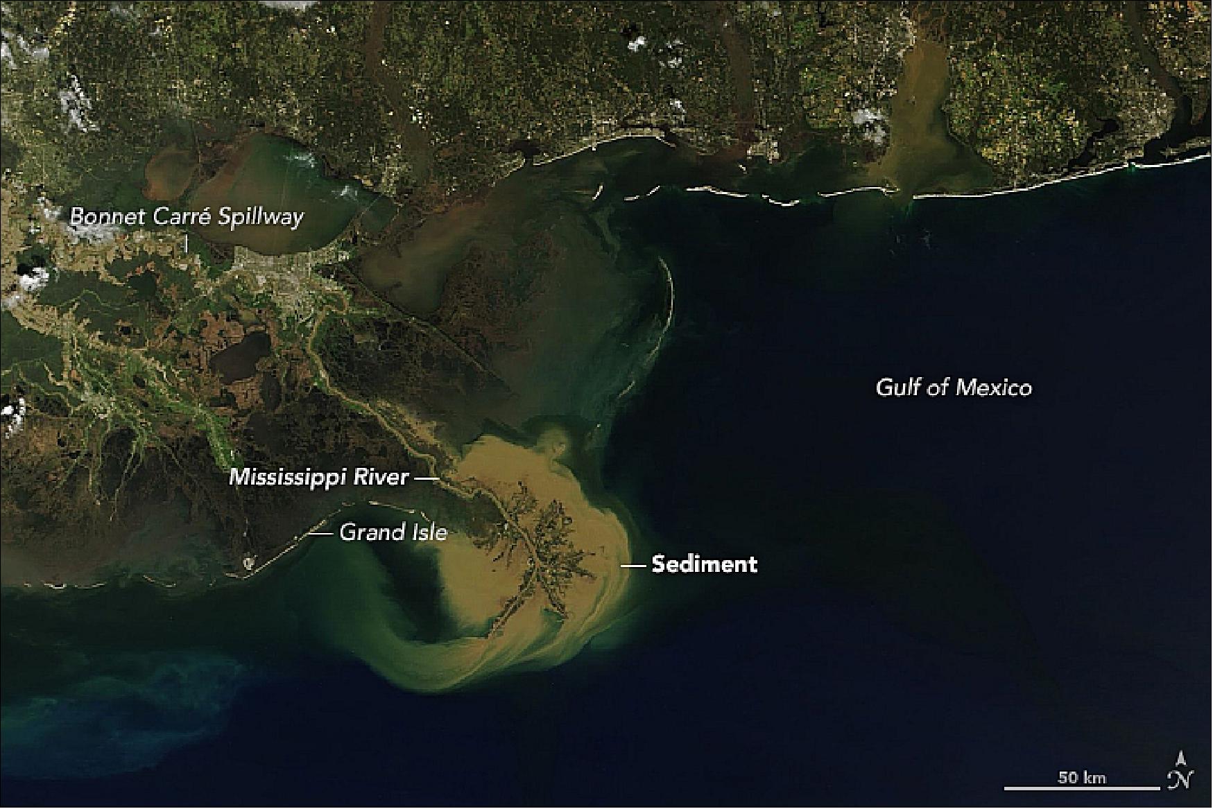 Figure 31: On March 4, 2018, MODIS on NASA’s Terra satellite acquired this image of the sediment plume spilling into the Gulf of Mexico (image credit: NASA Earth Observatory, image by Joshua Stevens, using MODIS data from LANCE/EOSDIS Rapid Response, story by Kathryn Hansen with image interpretation by Nan Walker and Alex Kolker)