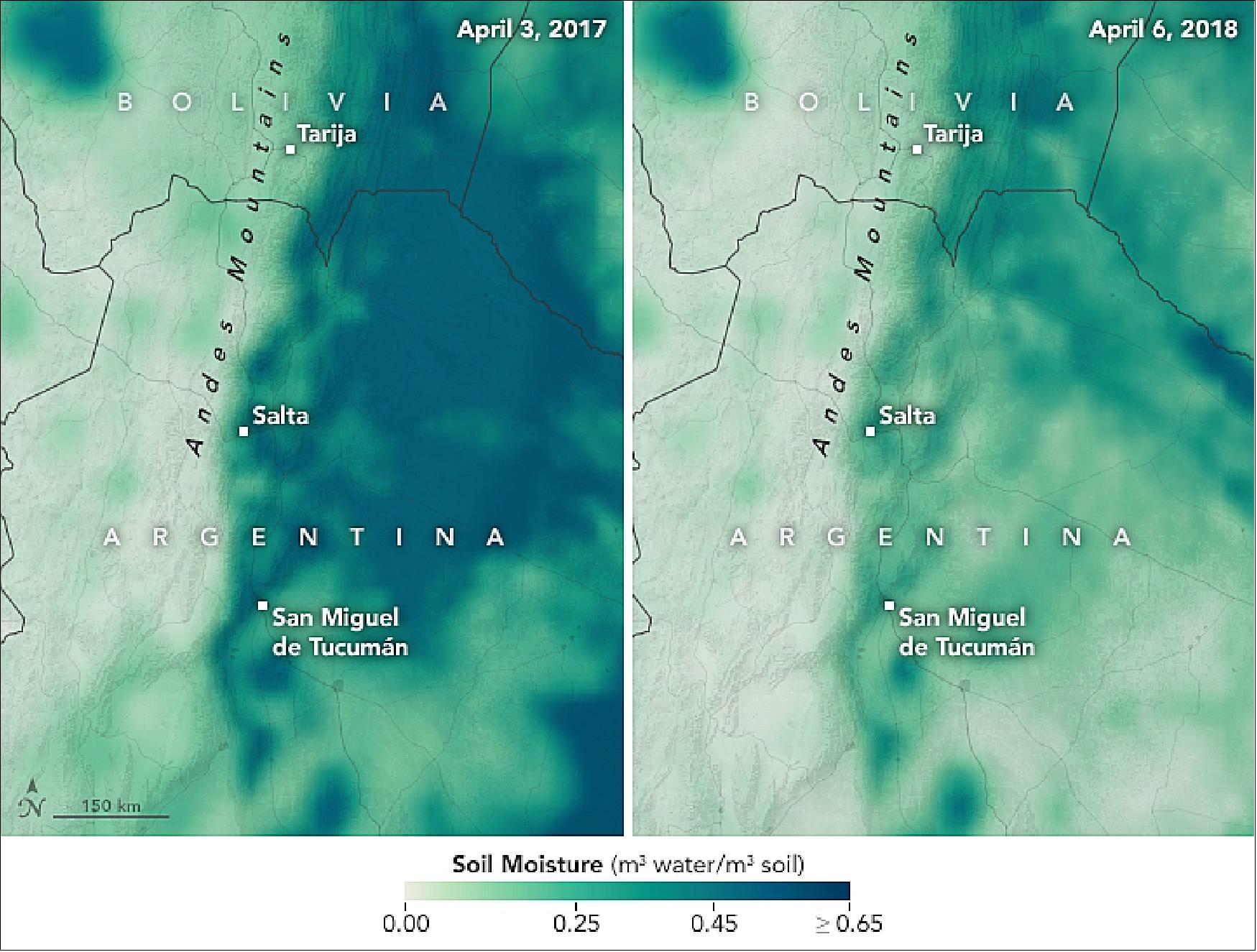 Figure 29: Soil moisture map comparison of Argentina acquired with SMAP on April 3, 2017 (left) and on April 6, 2018 (right), image credit: NASA Earth Observatory, images by Joshua Stevens, using soil moisture data courtesy of JPL and the SMAP Science Team