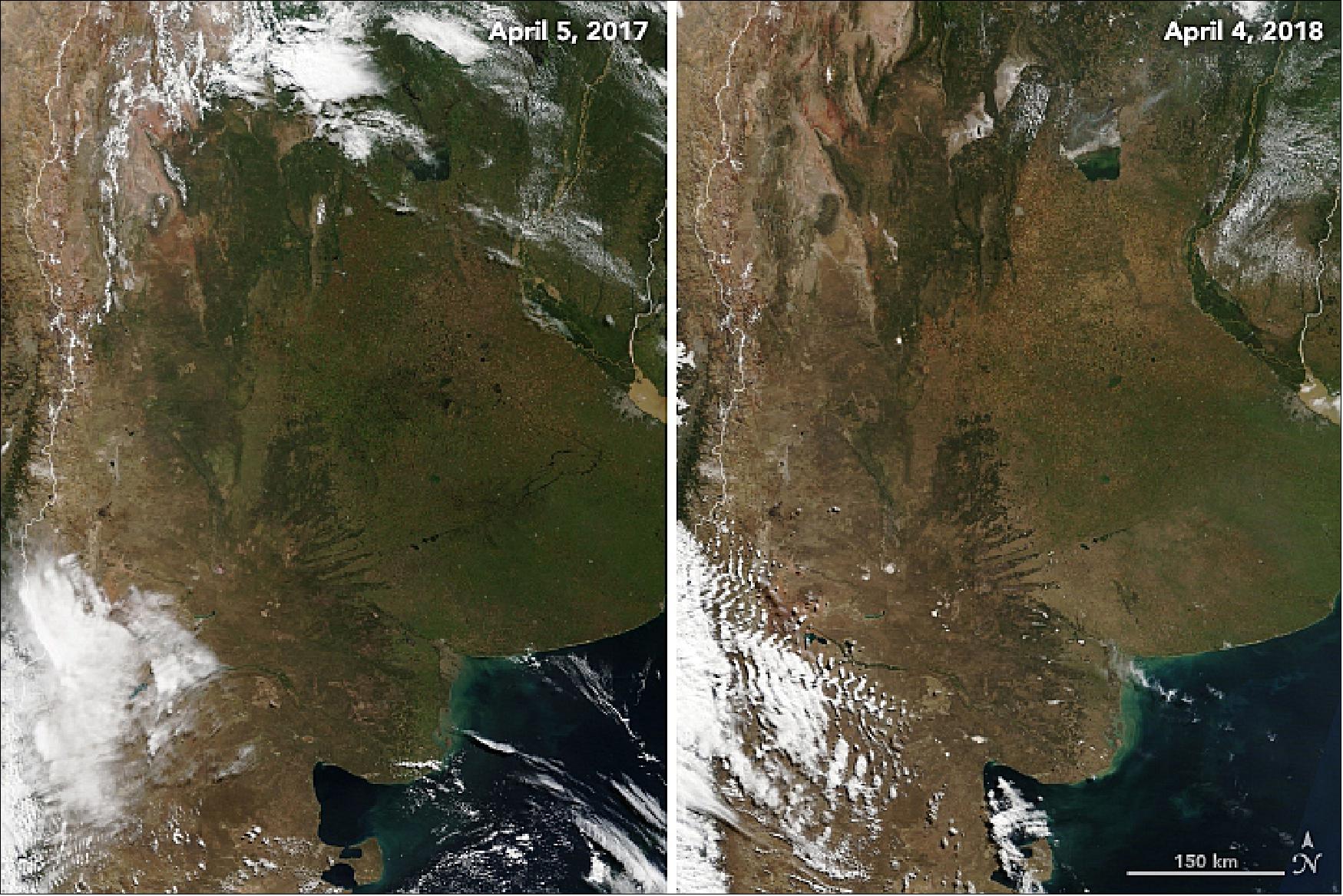 Figure 28: The MODIS instrument on NASA's Terra satellite captured these natural-color images of the flat, fertile Pampas region of central Argentina. The Pampas appeared lush and green in April 2017 (left) in contrast to the browner landscapes (right) visible one year later (image credit: NASA Earth Observatory, images by Joshua Stevens, using MODIS data from LANCE/EOSDIS Rapid Response. Story by Adam Voiland)