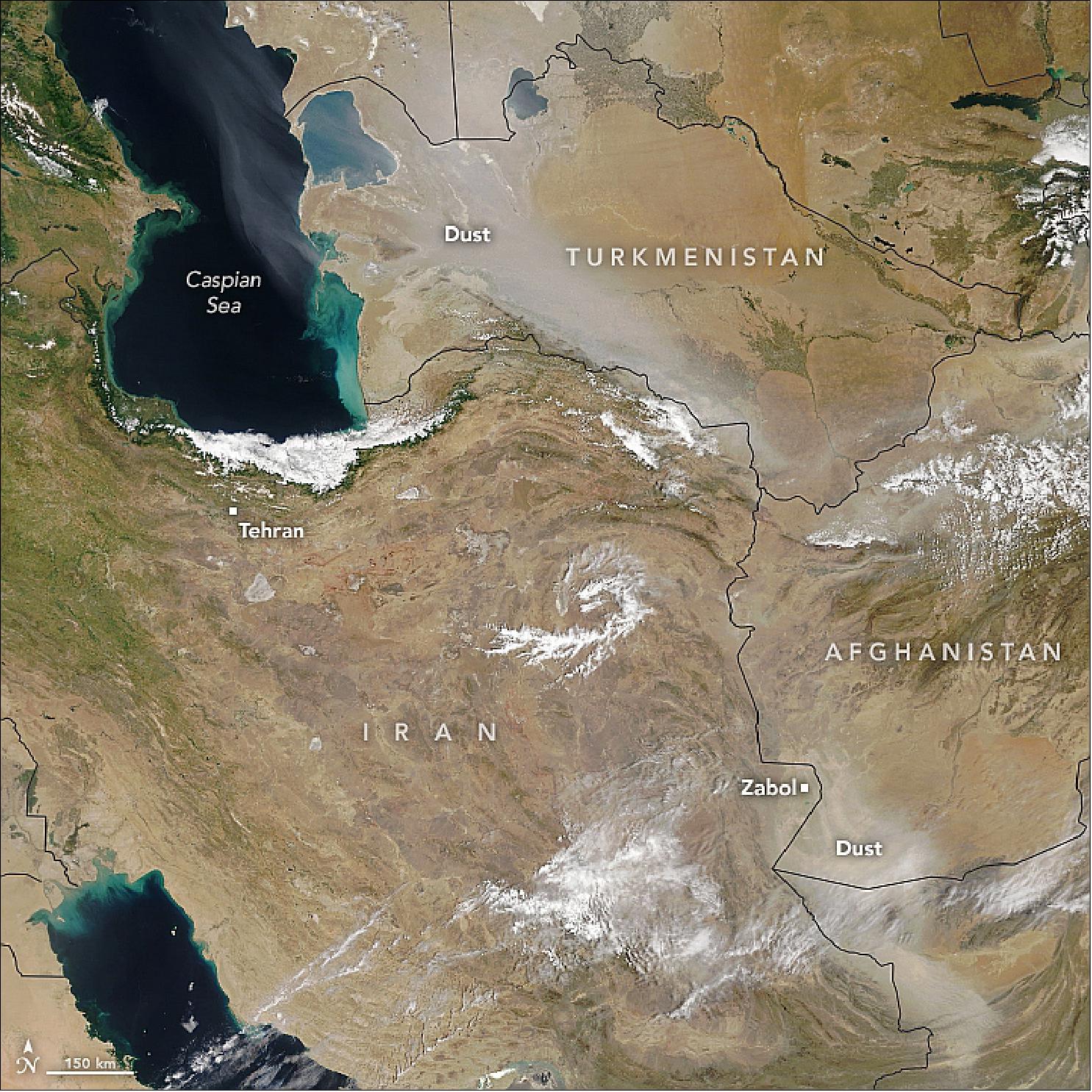 Figure 23: MODIS on NASA's Terra satellite acquired this image of the dust storms on May 28, 2018. Such storms, sometimes known as haboobs, are dramatic events associated with weather fronts, and they often appear as walls of sand and dust marching across the landscape. Like thunderstorms, haboobs tend to abrupt and short-lived (image credit: NASA Earth Observatory, image by Joshua Stevens, using MODIS data from LANCE/EOSDIS Rapid Response, story by Mike Carlowicz)