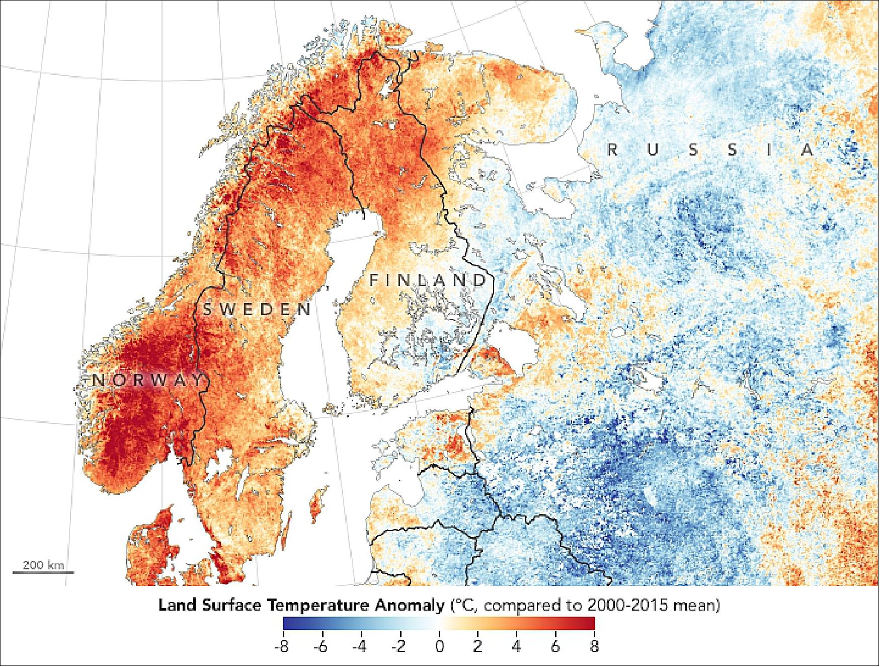 Figure 20: This temperature anomaly map is based on data from MODIS on NASA’s Terra satellite. It shows land surface temperatures from July 1-15, 2018, compared to the 2000–2015 average for the same two-week period. Red colors depict areas that were hotter than average; blues were colder than average. White pixels were normal, and gray pixels did not have enough data, most likely due to excessive cloud cover. Note that it depicts land surface temperatures, not air temperatures. Land surface temperatures reflect how hot the surface of the Earth would feel to the touch in a particular location. They can sometimes be significantly hotter or cooler than air temperatures (image credit: NASA Earth Observatory image by Lauren Dauphin and Joshua Stevens, using MODIS data from LANCE/EOSDIS Rapid Response and the Level 1 and Atmospheres Active Distribution System (LAADS). Story by Kasha Patel)