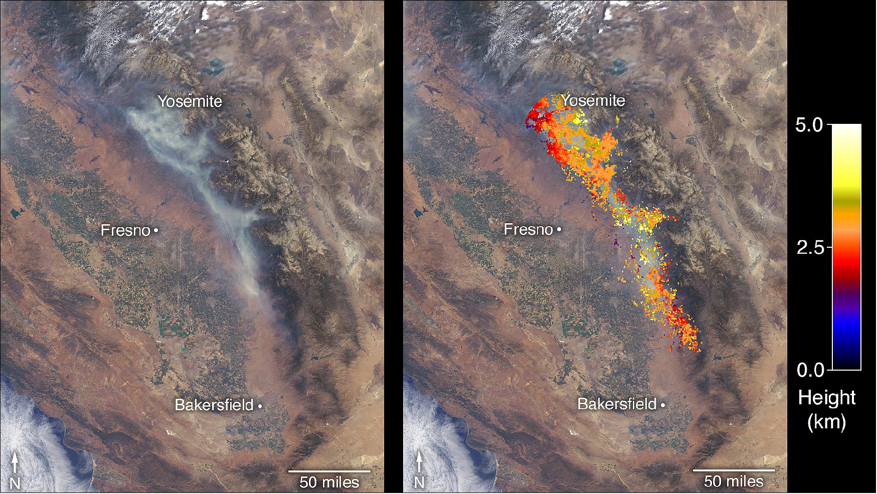Figure 17: The left image shows the Ferguson Fire near Yosemite National Park on July 29 as observed by NASA's MISR instrument. The angular information from MISR's images is used to calculate the height of the smoke plume. The results are superimposed on the image on the right (image credit: NASA)