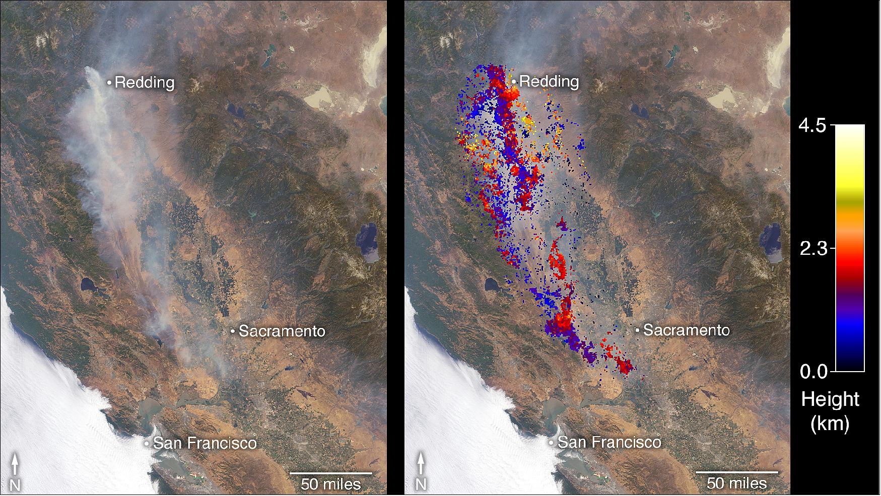 Figure 16: Left: This image shows the Carr Fire near Redding California on July 27 as observed by NASA's MISR instrument. The angular information from MISR's images is used to calculate the height of the smoke plume. The results are superimposed on the image on the right (image credit: NASA)