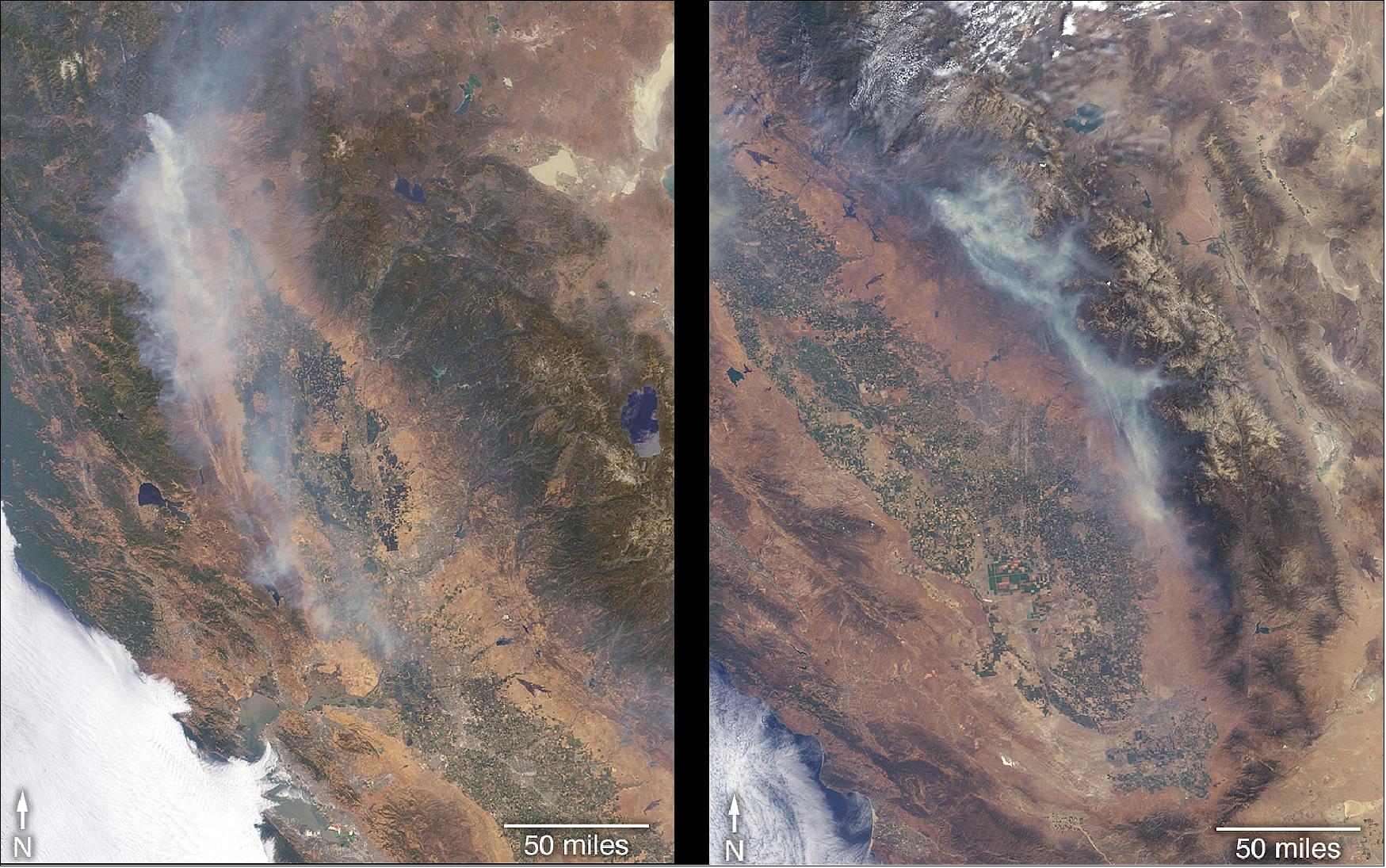 Figure 15: The MISR (Multi-angle Imaging SpectroRadiometer) instrument on NASA's Terra satellite took these images of the Carr Fire (left) and the Ferguson Fire (right) on July 27 and July 29, respectively (image credit: NASA)