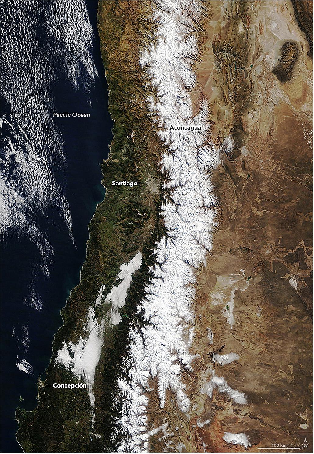 Figure 14: MODIS image acquired on 30July 2018 showing the snow coverage in the Andes region (image credit: NASA Earth Observatory, image by Lauren Dauphin, using MODIS data from LANCE/EOSDIS Rapid Response, story by Kathryn Hansen)