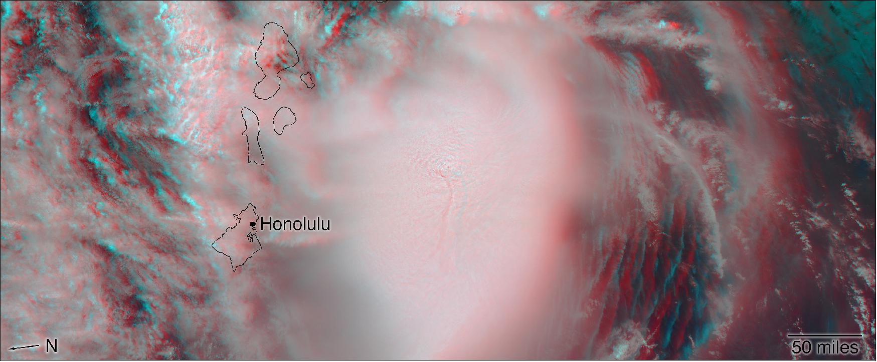 Figure 10: Stereo anaglyph using MISR data. The image shows a 3D view of Hurricane Lane on August 24. Red-blue 3D glasses required (image credit: NASA/GSFC/LaRC/JPL-Caltech, MISR Team)
