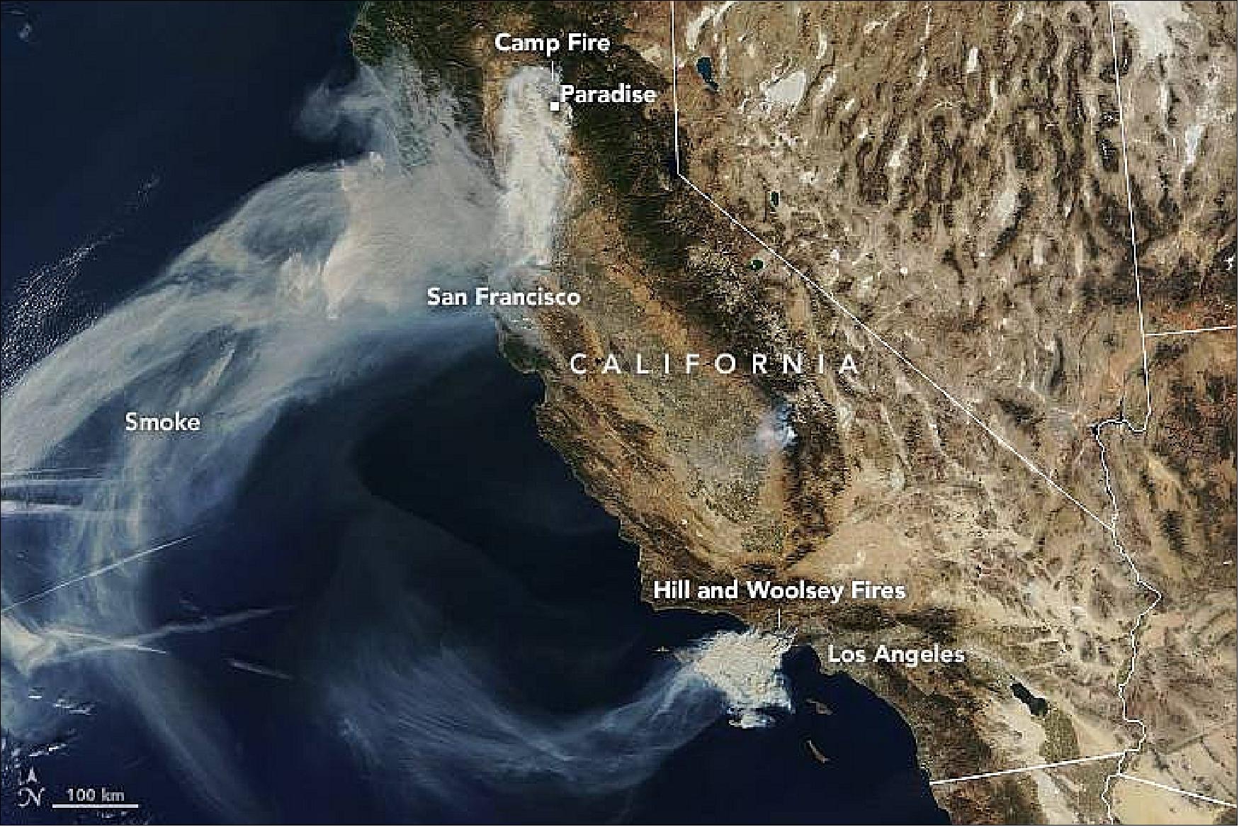 Figure 7: Annotated image of the Camp Fire in Northern California and the Hill and Woolsey fires in southern California, taken Nov. 9, 2018, by the MODIS instrument on NASA's Terra satellite (image credit: NASA Earth Observatory)