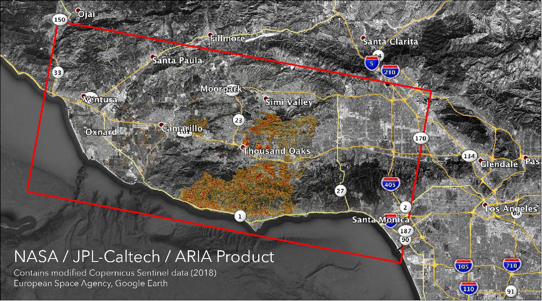 Figure 5: The ARIA (Advanced Rapid Imaging and Analysis) team at NASA/JPL in Pasadena, California, created these DPMs (Damage Proxy Maps) depicting areas in California likely damaged by the Woolsey and Camp Fires (image credit: NASA/JPL)
