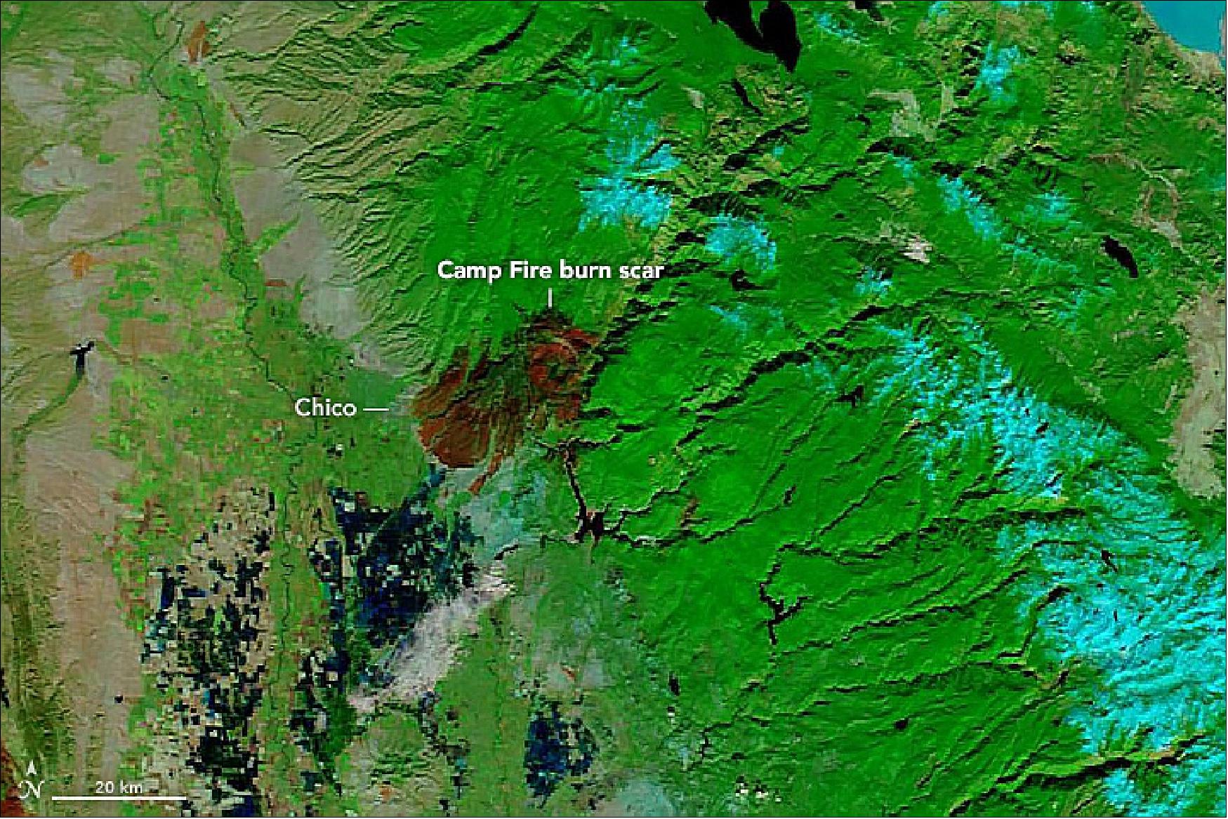 Figure 3: This image shows the charred land—known as a burn scar—from the Camp Fire, which has destroyed more than 18,000 structures and caused at least 85 deaths. The fire, which has burned more than 153,000 acres, is now fully contained, according to the California Department of Forestry and Fire Protection. This image was acquired by MODIS on NASA’s Terra satellite on 25 November 2018 (image credit: NASA Earth Observatory, image by Lauren Dauphin, using MODIS data from NASA EOSDIS/LANCE and GIBS/Worldview. Story by Kasha Patel)