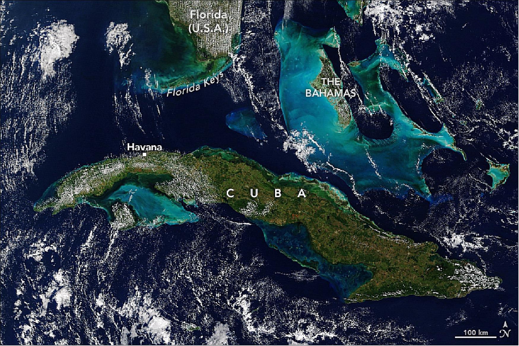 Figure 2: MODIS image of Cuba acquired on 2 December 2018. Civilization’s footprint on this Caribbean island has been relatively light (image credit: NASA Earth Observatory image by Joshua Stevens, using MODIS data from NASA EOSDIS/LANCE and GIBS/Worldview. Story by Adam Voiland)