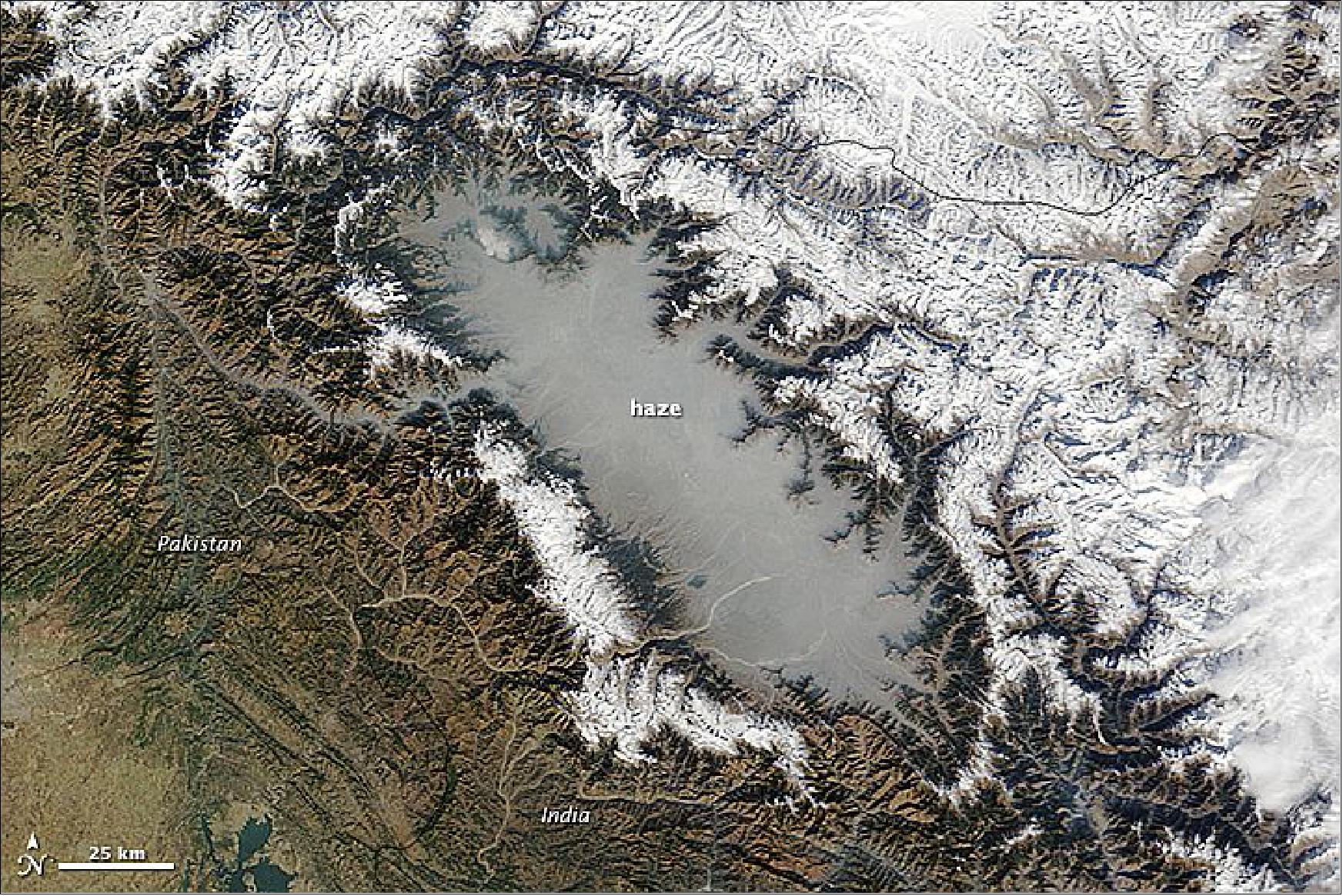 Figure 106: Haze in the Kashmir Valley, acquired by MODIS on Terra on Dec. 5, 2014 (image credit: NASA, Jeff Schmalz)