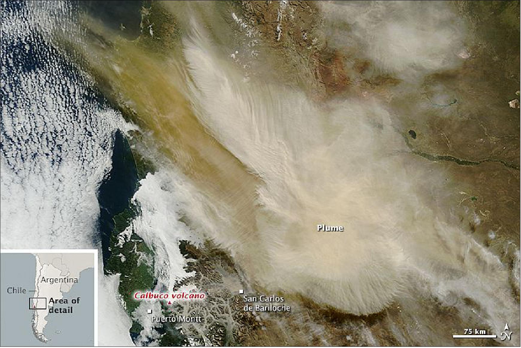 Figure 105: At 14:20 UTC on April 23, 2015, the MODIS instrument on the Terra satellite acquired a natural-color image of the extensive ash plume (image credit: NASA Earth Observatory, Joshua Stevens, Jeff Schmalz)
