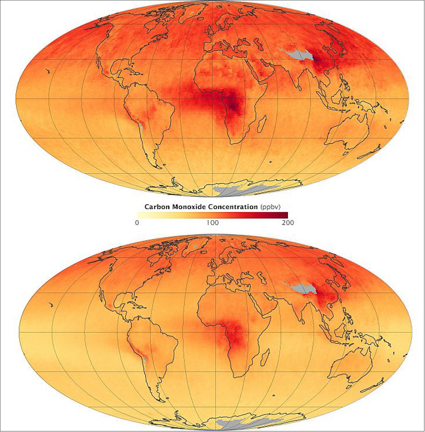 Figure 103: Earth's CO concentration acquired with MOPITT on Terra in 2000 (top) and in 2014 (bottom), image credit: NASA Earth Observatory, Jesse Allen and Joshua Stevens