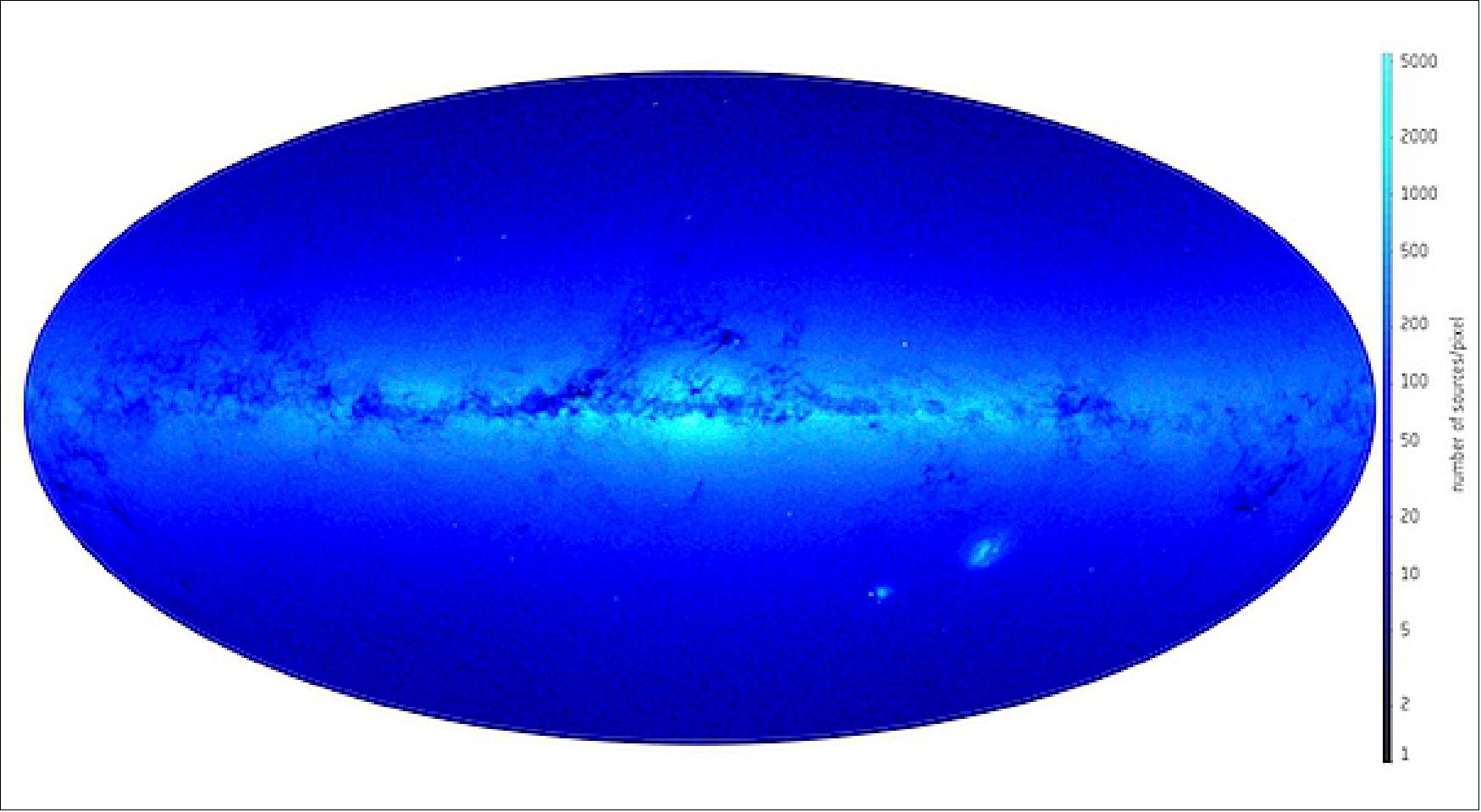 Figure 68: Gaia's density map (companion to the preliminary color sky map). This map shows the distribution on the sky of the stars that have been used to generate a preliminary map of Gaia's sky in color. It is meant as a visual aid to better appreciate the content of the view of the sky in color (image credit: ESA/Gaia/DPAC/CU5/DPCI/CU8/F. De Angeli, D.W. Evans, M. Riello, M. Fouesneau, R. Andrae, C.A.L. Bailer-Jones)