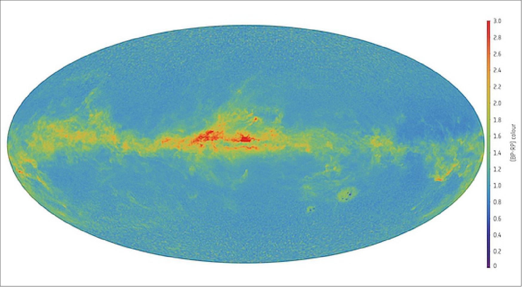 Figure 67: This map is a preview of Gaia's measurements of the sky in color, generated using preliminary data from the photometric instrument on board (image credit: ESA/Gaia/DPAC/CU5/DPCI/CU8/F. De Angeli, D.W. Evans, M. Riello, M. Fouesneau, R. Andrae, C.A.L. Bailer-Jones)